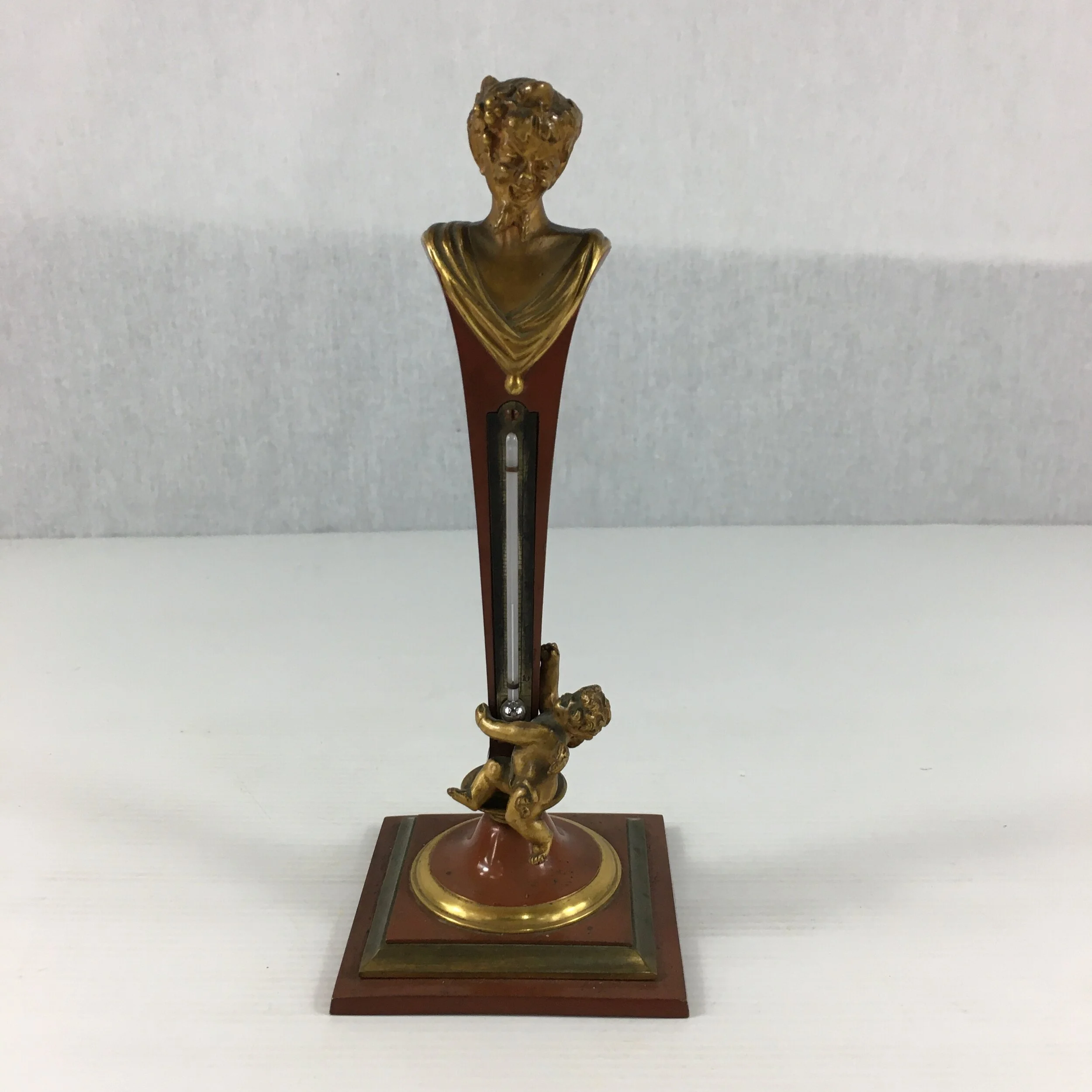 Antique 19th Century French Bronze Desk Thermometer Cherub &amp; Faun