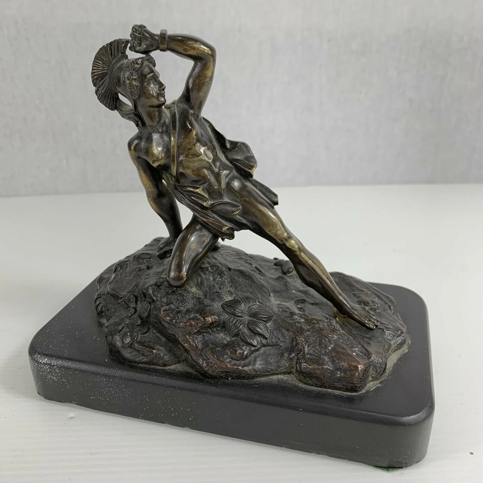 Antique Bronze Figure Of A Centurion Leaning Back On Slate Base Grand Tour Type