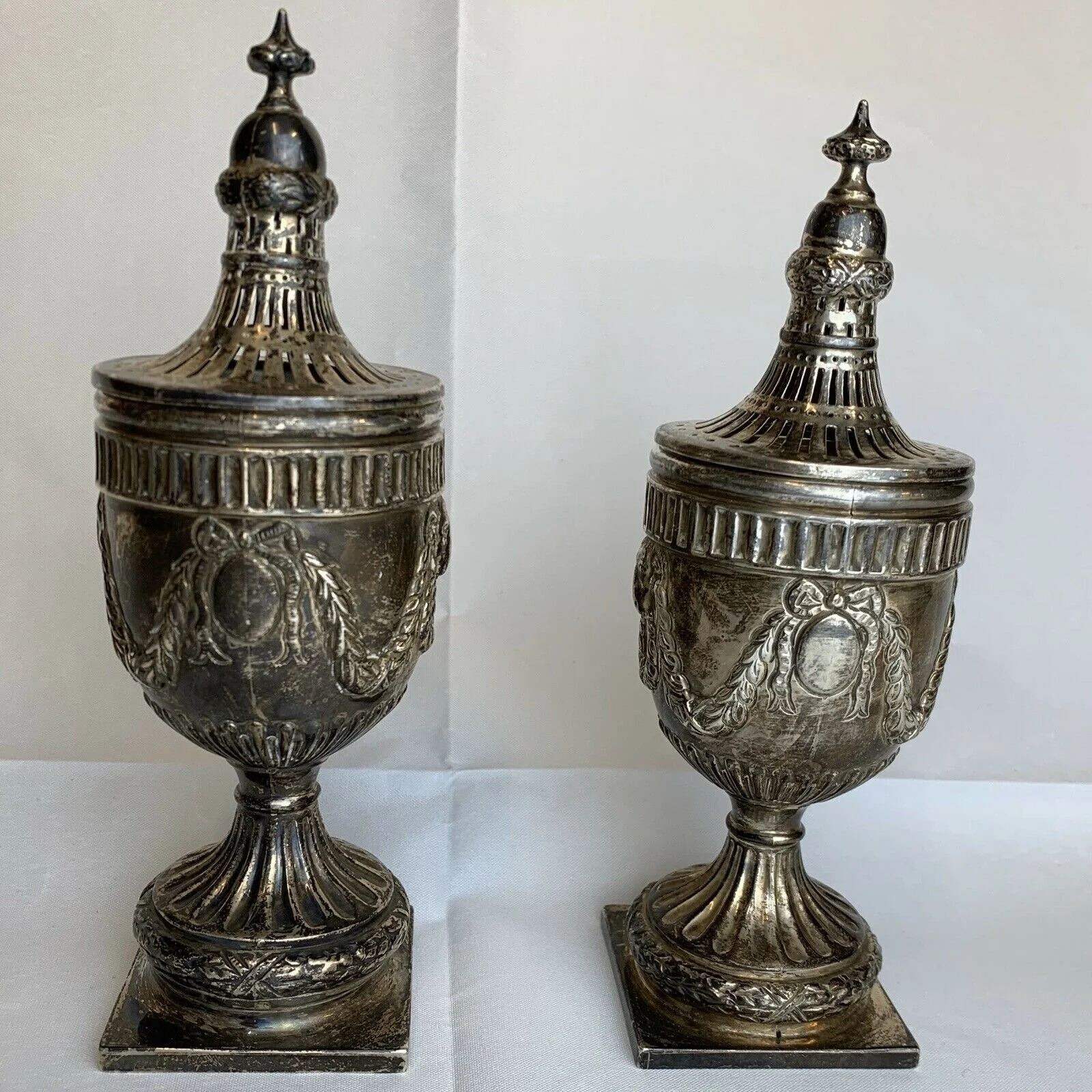 Antique Matched Pair Of Solid Silver Regency Style Urn Shape Sifters / Casters