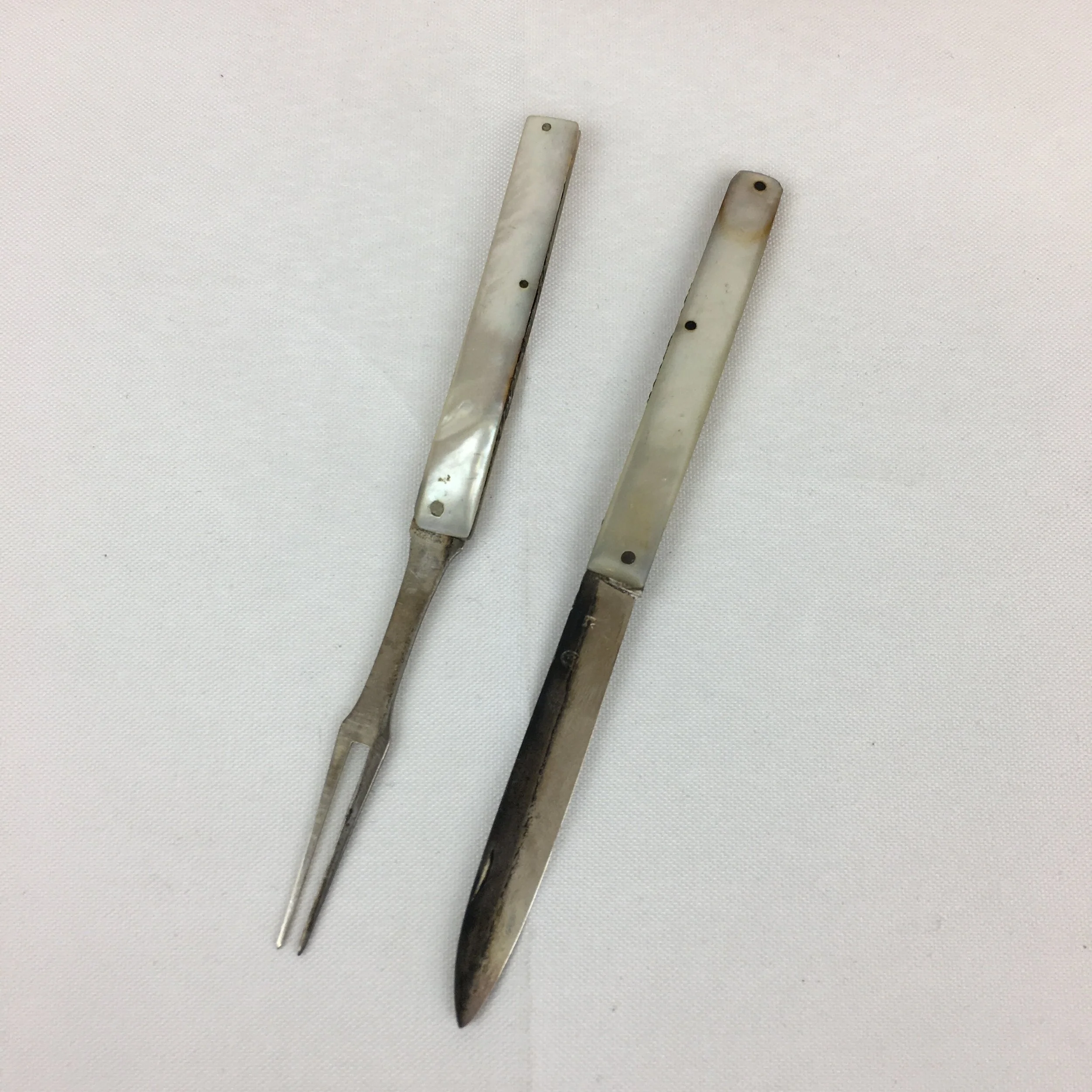 Antique Georgian Solid Silver &amp; Mother of Pearl Travelling Knife &amp; Fork C1800 Possibly Campaign