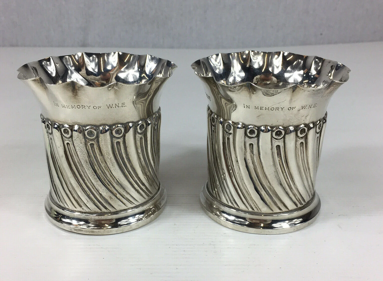 Pair Of Antique 1895 Goldsmiths & Silvermiths Solid Silver Fluted Vases