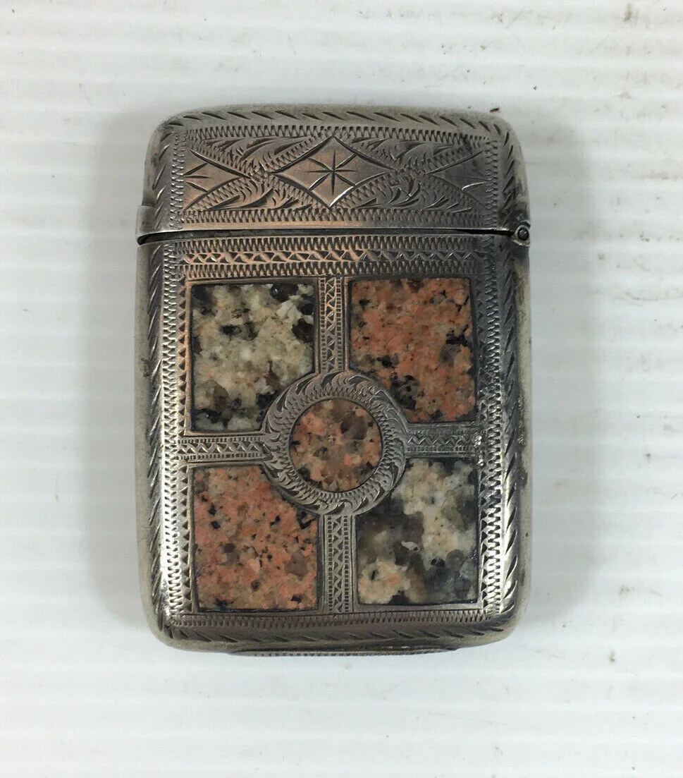 Antique Solid Silver Hardstone Set Vesta Case 5cm In Height