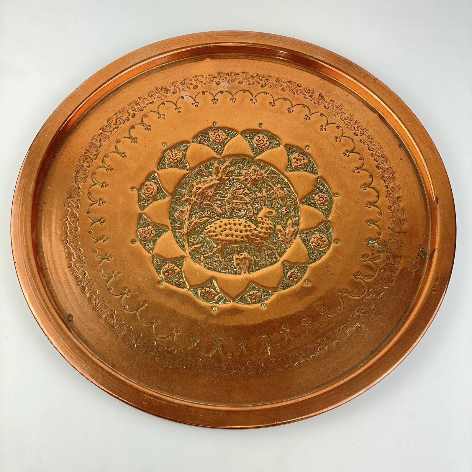 Antique Middle Eastern Copper Charger Animal To Centre 34.5cm