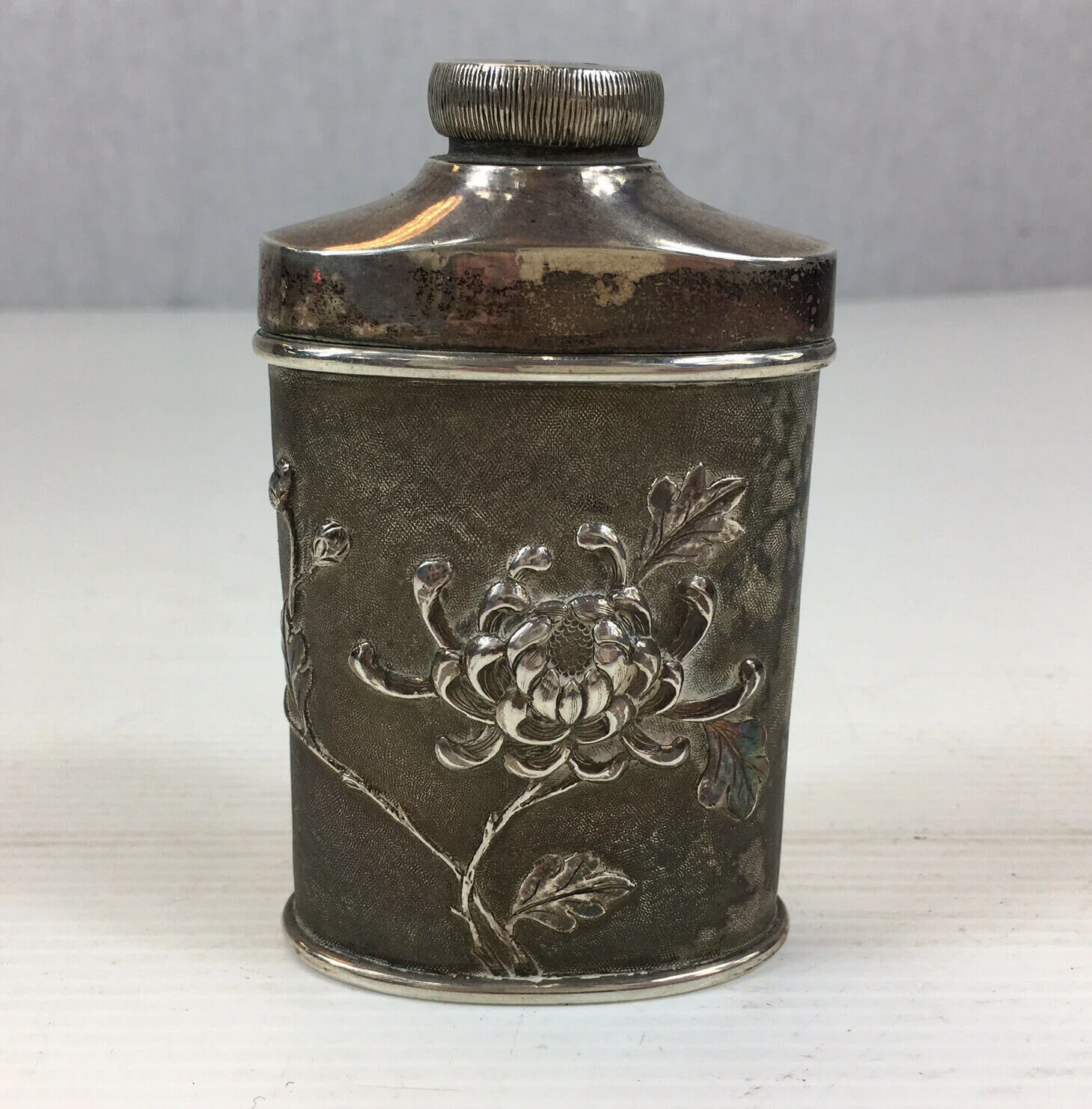 Antique Chinese Silver “Bin Cere” Powder Flask Embossed Peony Decoration
