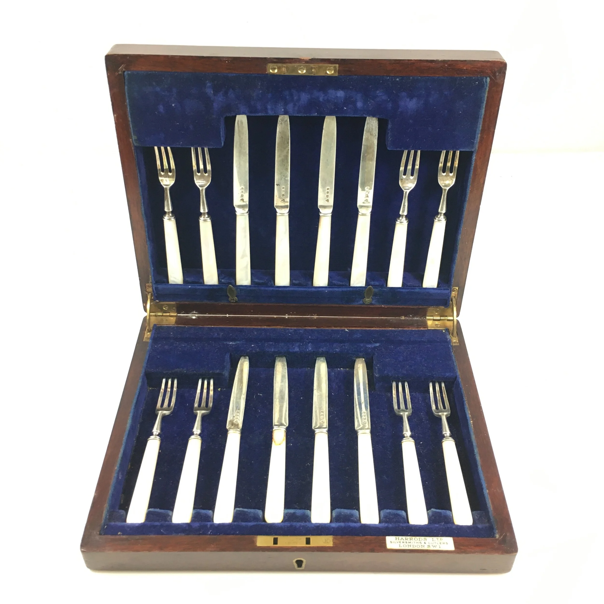 Solid Sterling Silver 1936 Mother of Pearl Handled Cased Set of Cutlery 8 Knives 8 Forks By Harrods