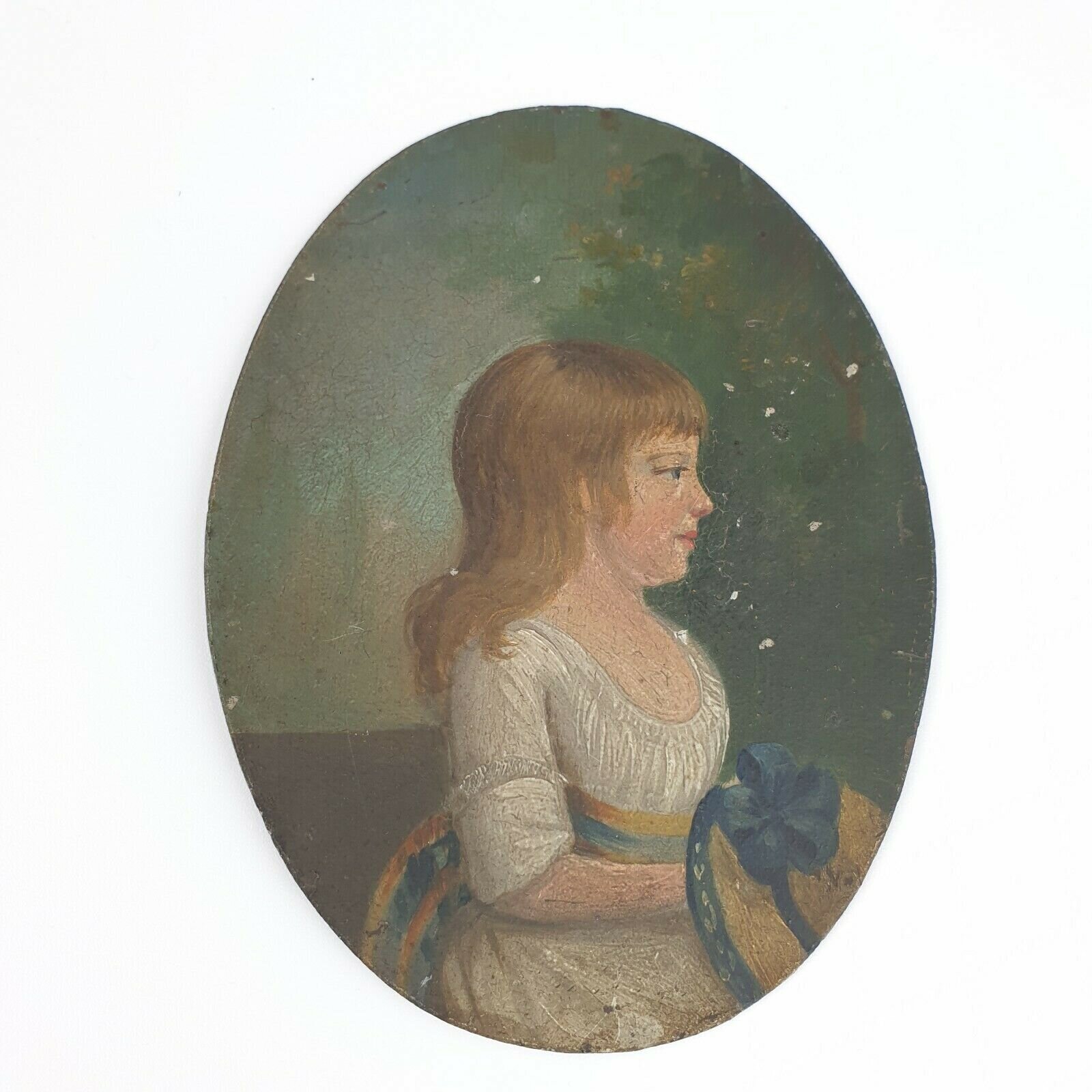 Antique 18th Century Portrait Miniature A Young Girl In A Cream Dress Oil On Tin