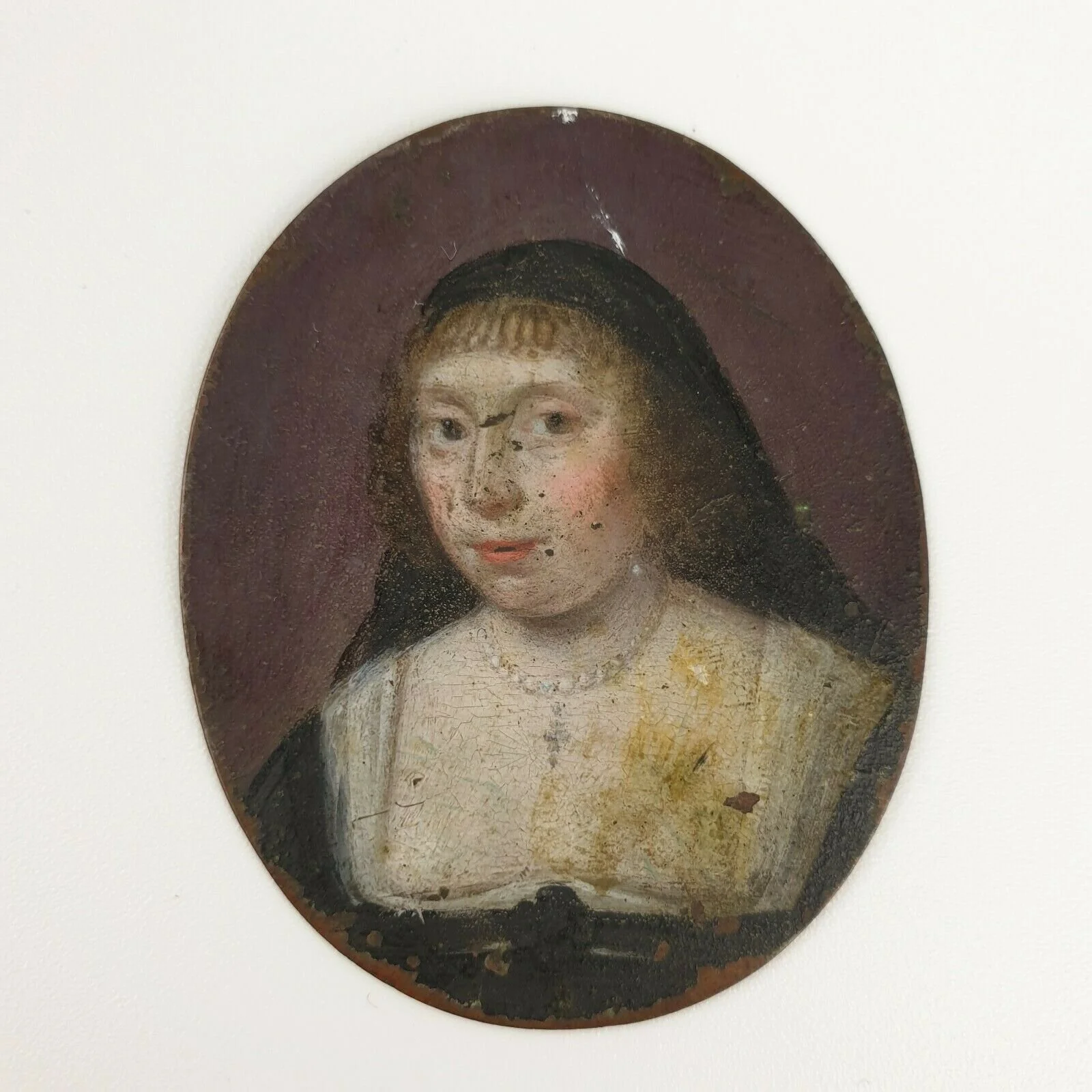 Antique 18th Century Or Earlier Portrait Miniature Of A Nun Oil On Copper