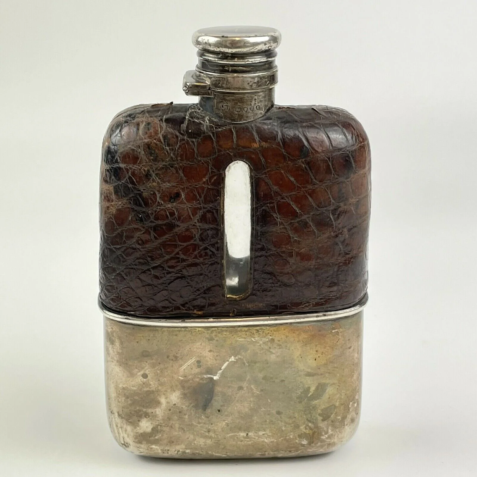 Antique Solid Silver Hip Flask Leather Crocodile Effect Sampson Mordan 1883