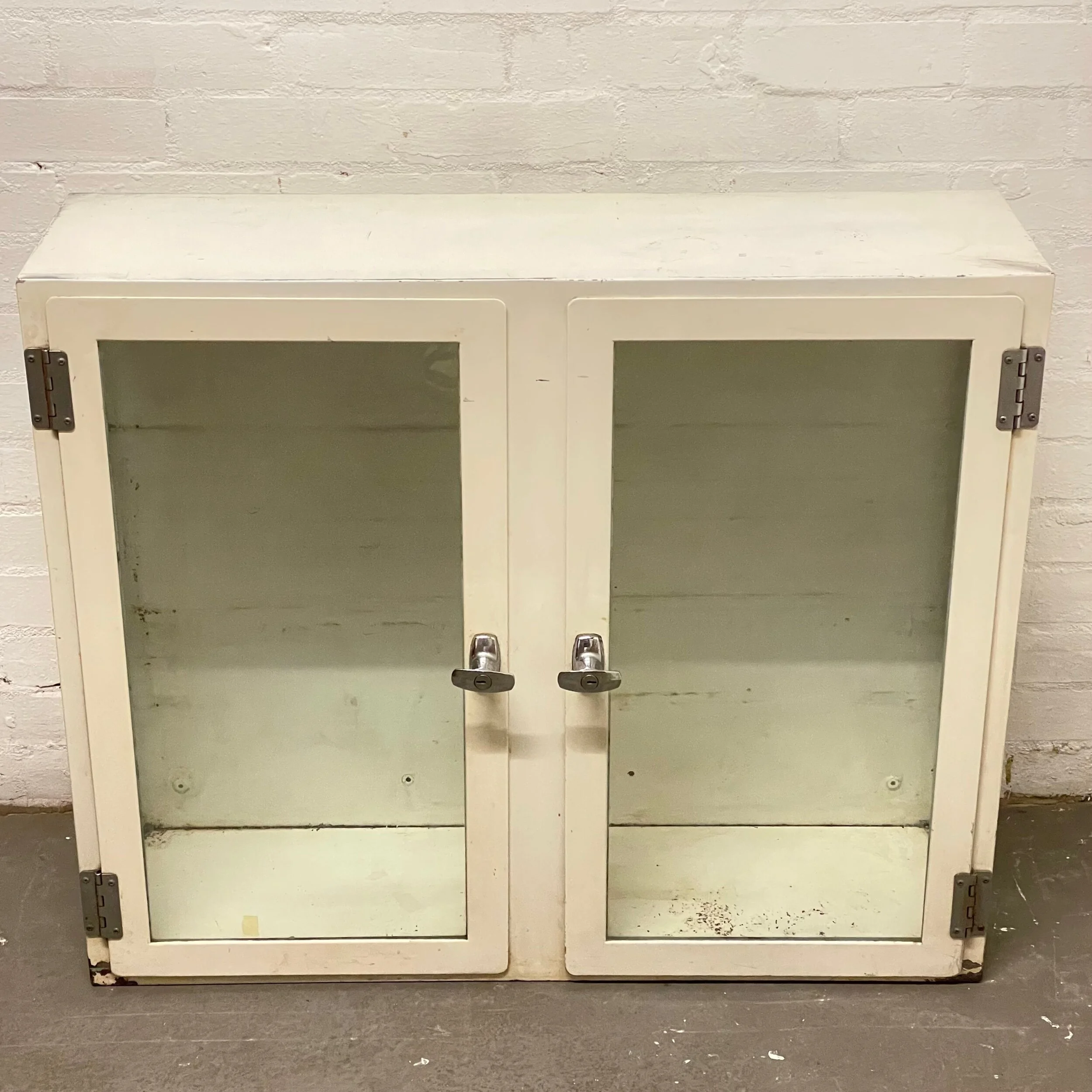 Vintage Industrial Steel White Painted Medicine Medical Pharmacy Cabinet With Glazed Front And Sides