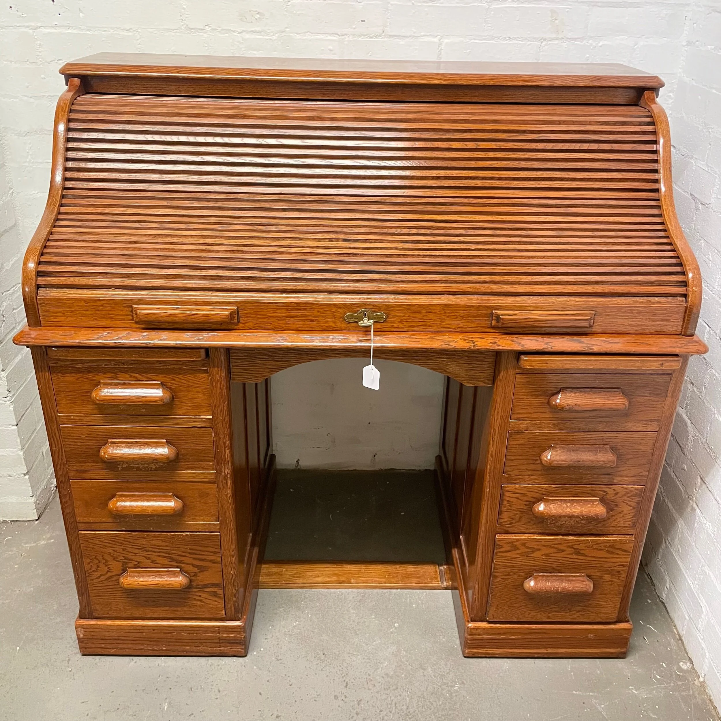 Early 20th Century Twin Pedestal Oak Roll Top Desk