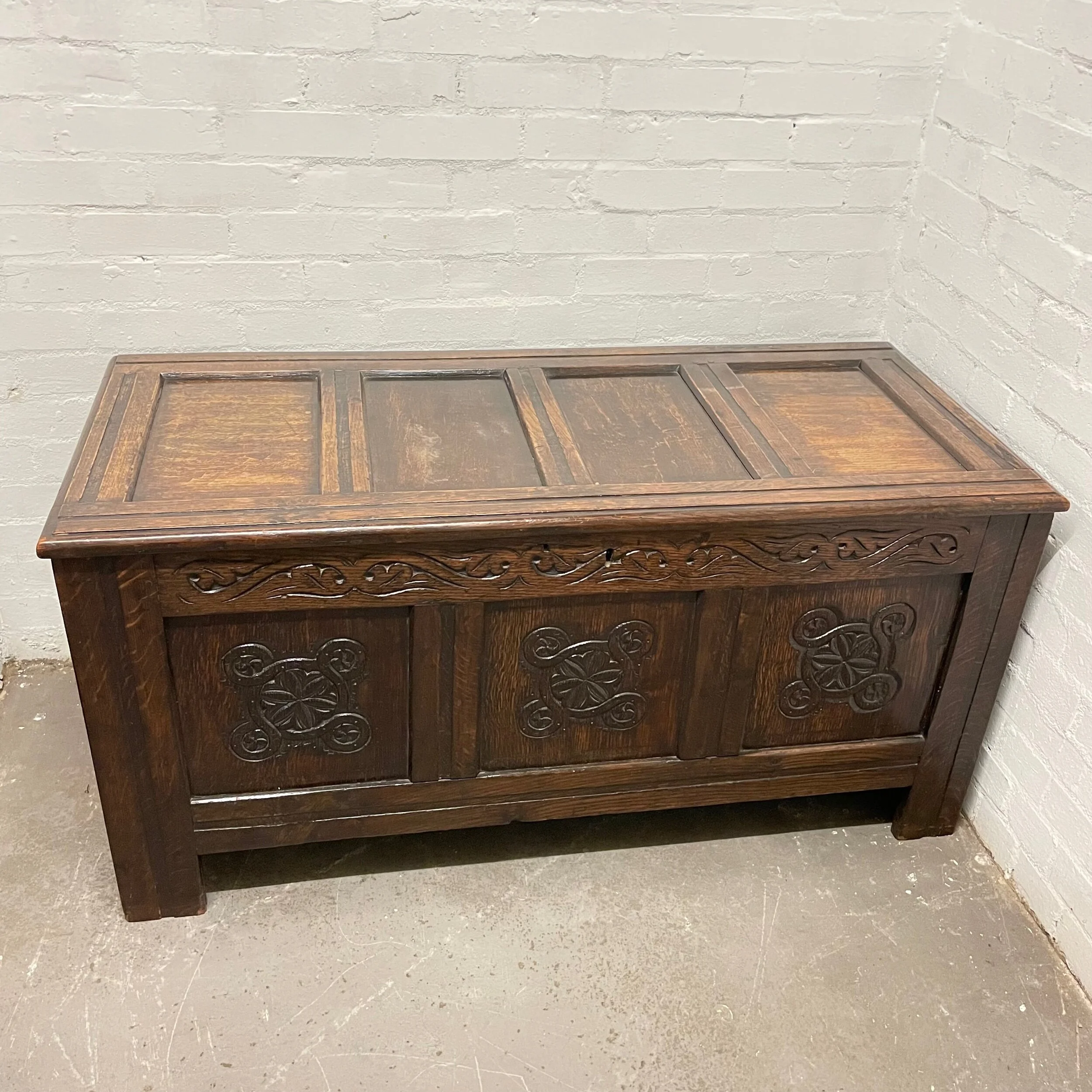 Antique 18th Century And Later Carved Solid Oak Coffer Chest