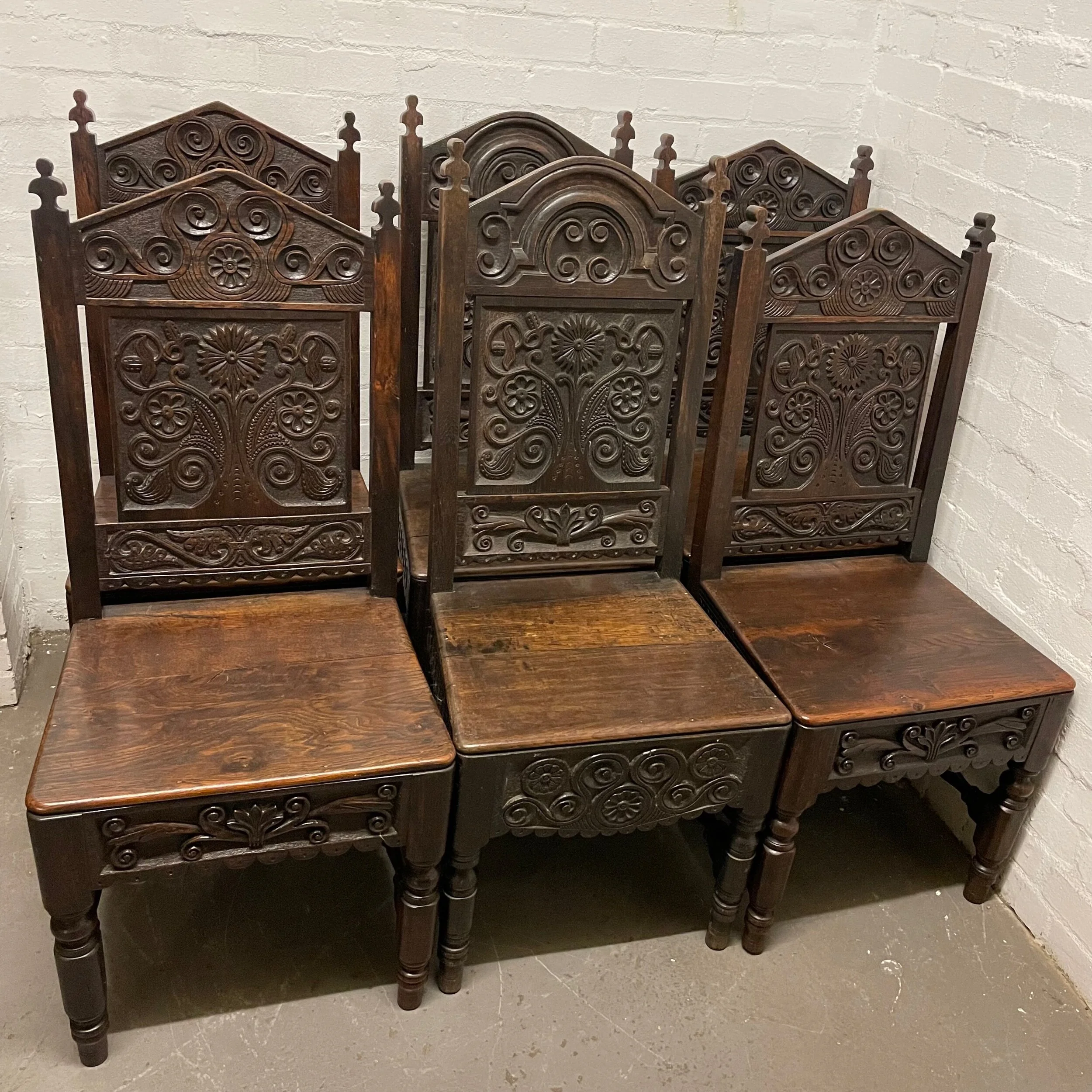 Antique Set Of Six Carved Solid Oak Chairs By Robert Sturdy Husthwaite 1890