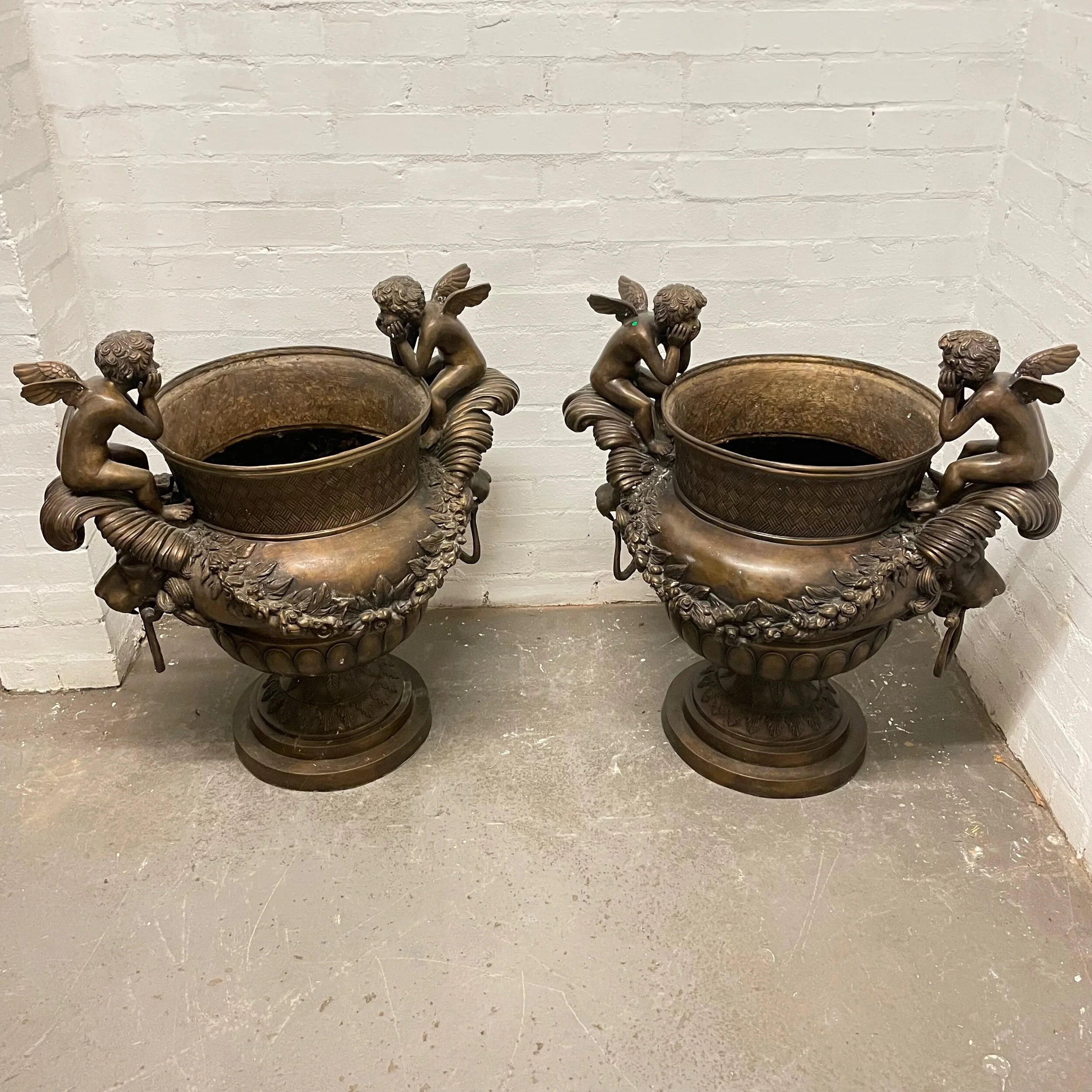 Pair Of Large Floor Standing Bronze Jardiniere Regency Style With Cherubs