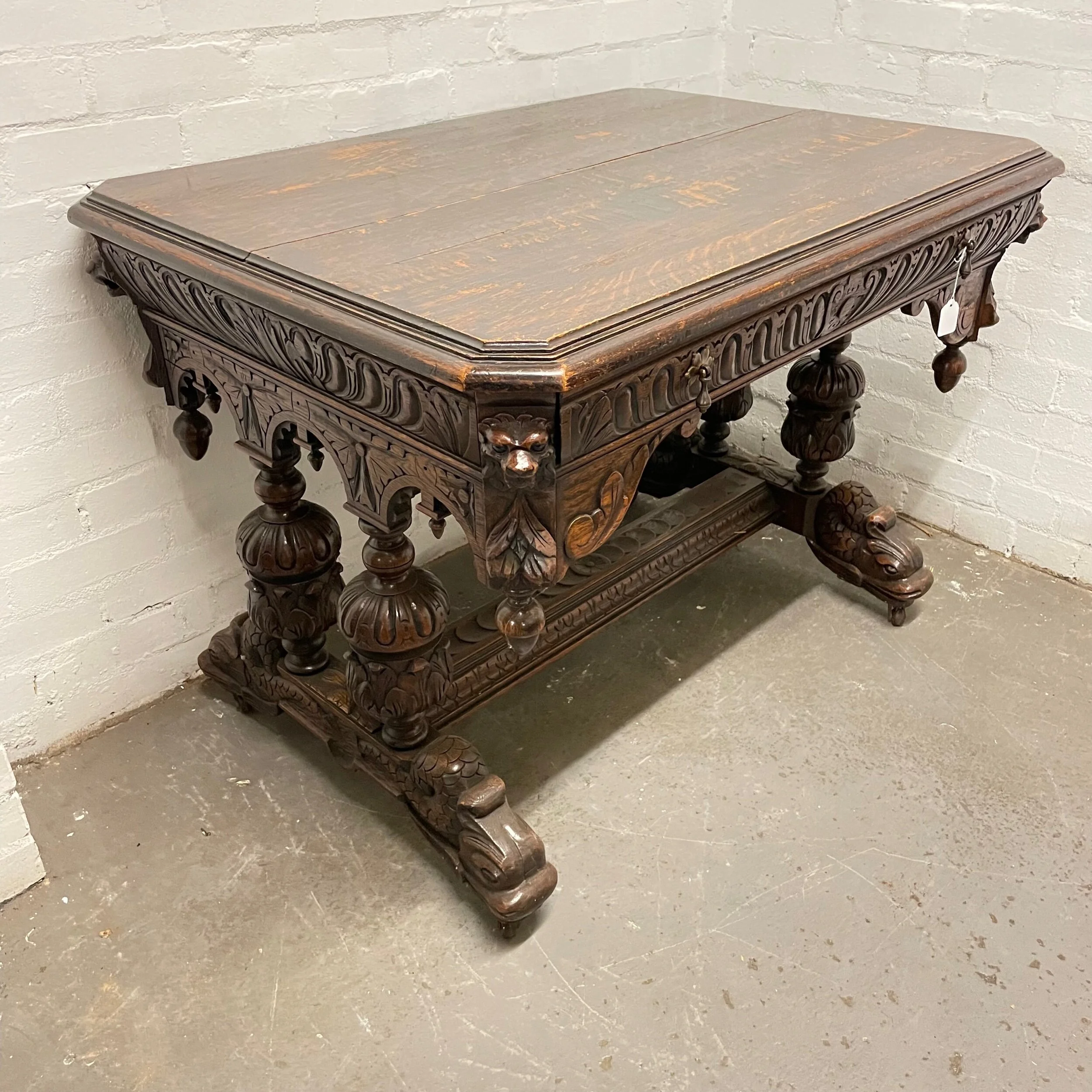 Antique 19th Century Carved Solid Oak Side / Hall Table With Drawer