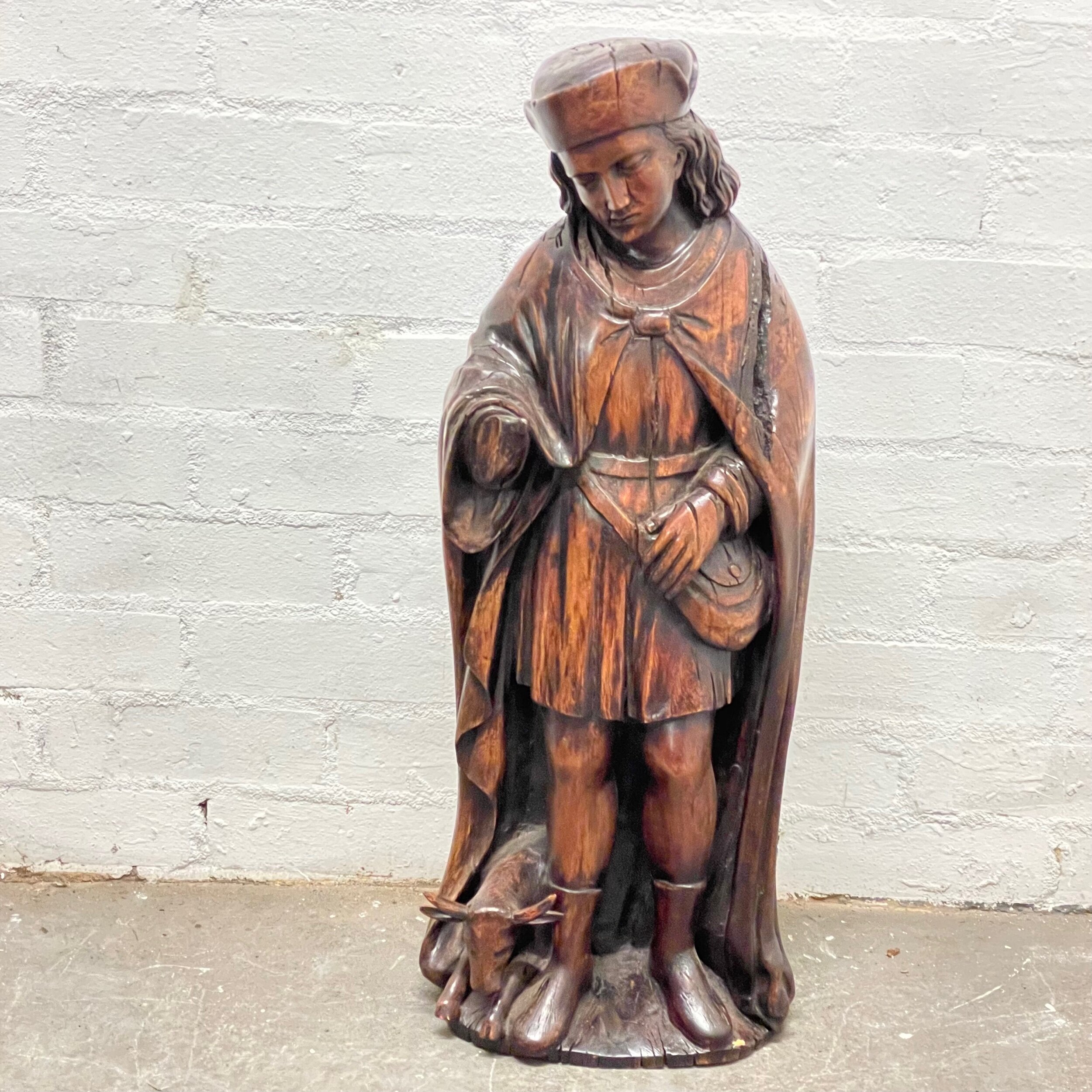 Antique 18th Century Austrian Carved Wood Figure Of A Hunter With A Deer At His Feet 69cm