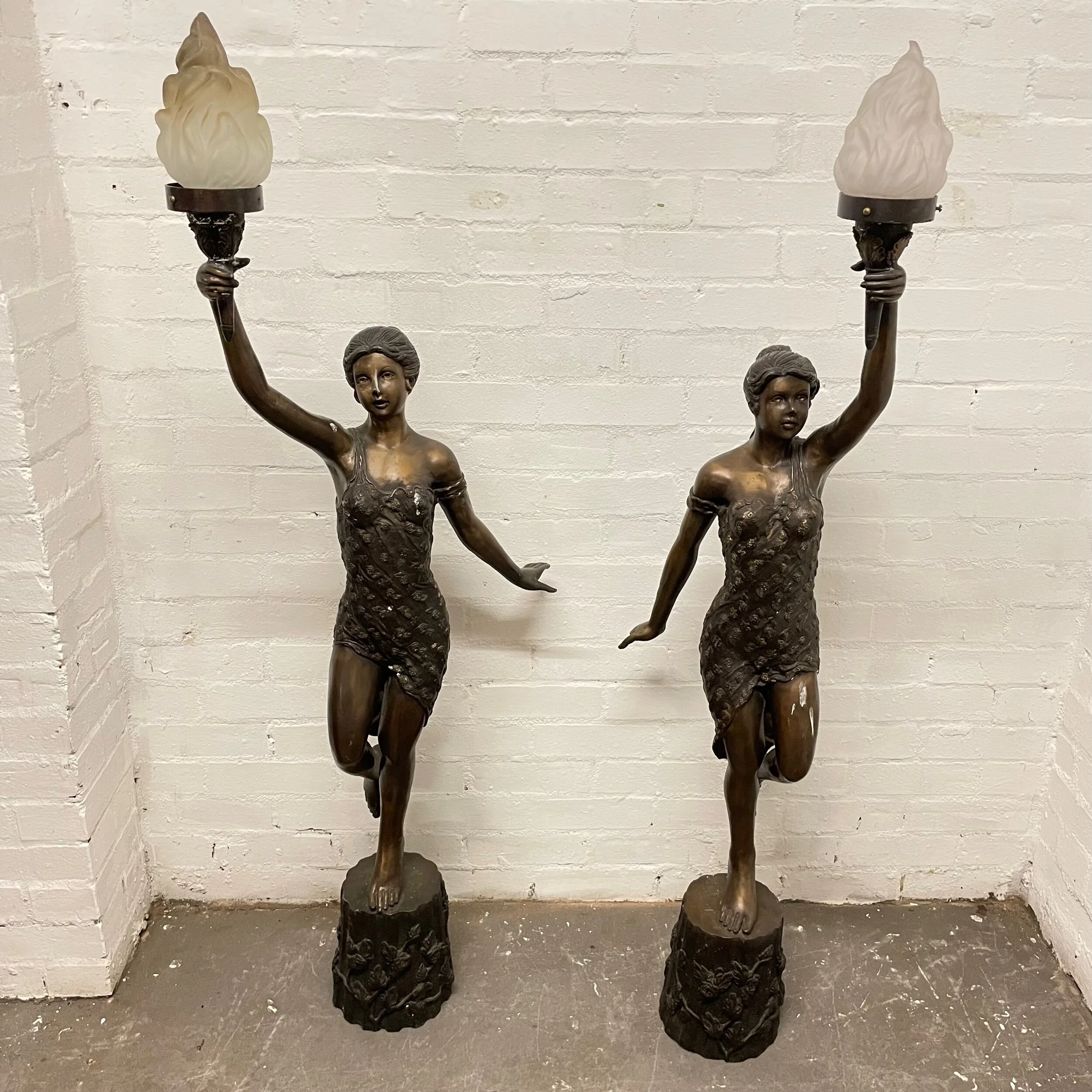 Large Pair Of Art Deco Style Vintage Bronze Standing Lady’s Holding Flames Lights 148cm