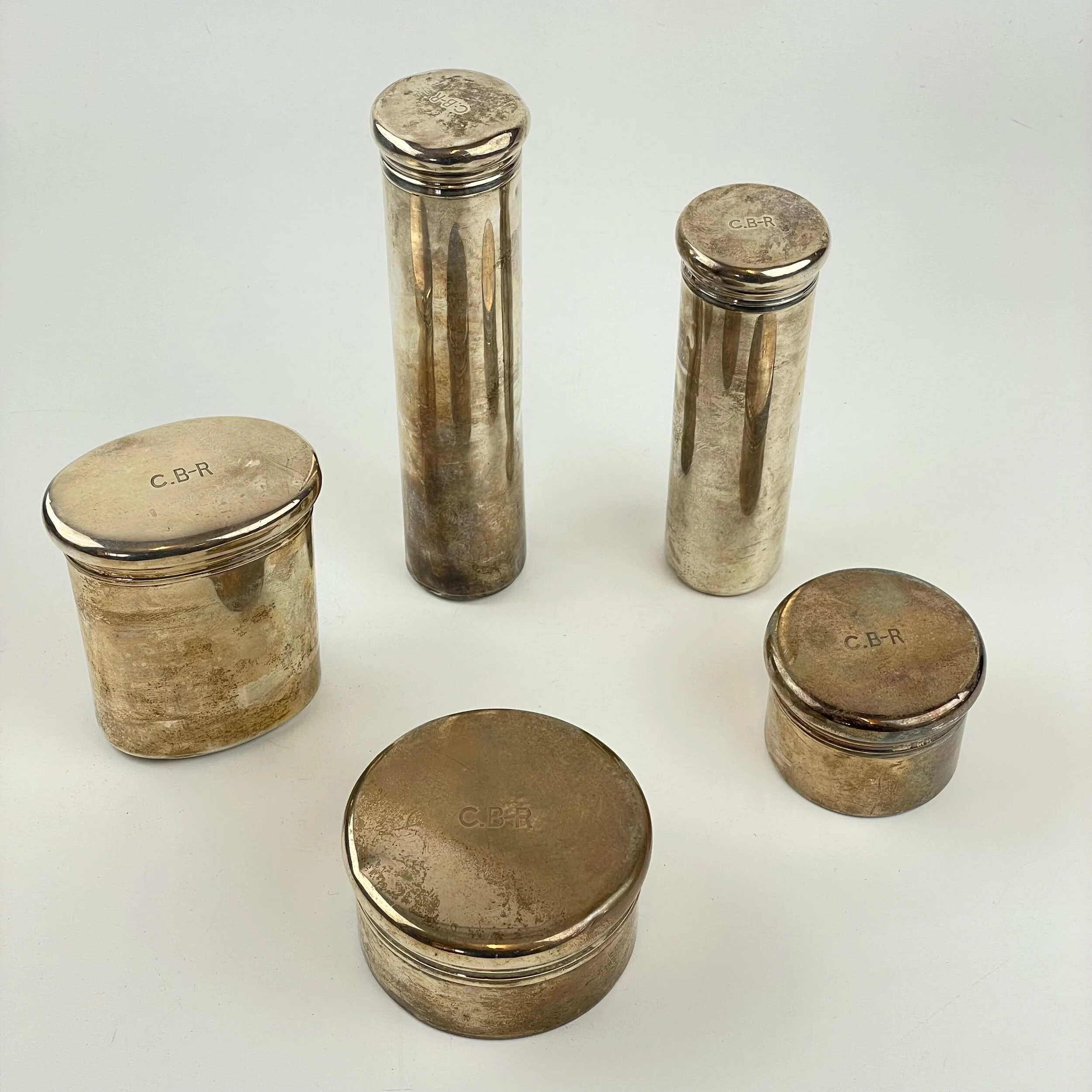 Collection Of Mixed Solid Silver Dressing Table Jars Pots By Asprey London 1924