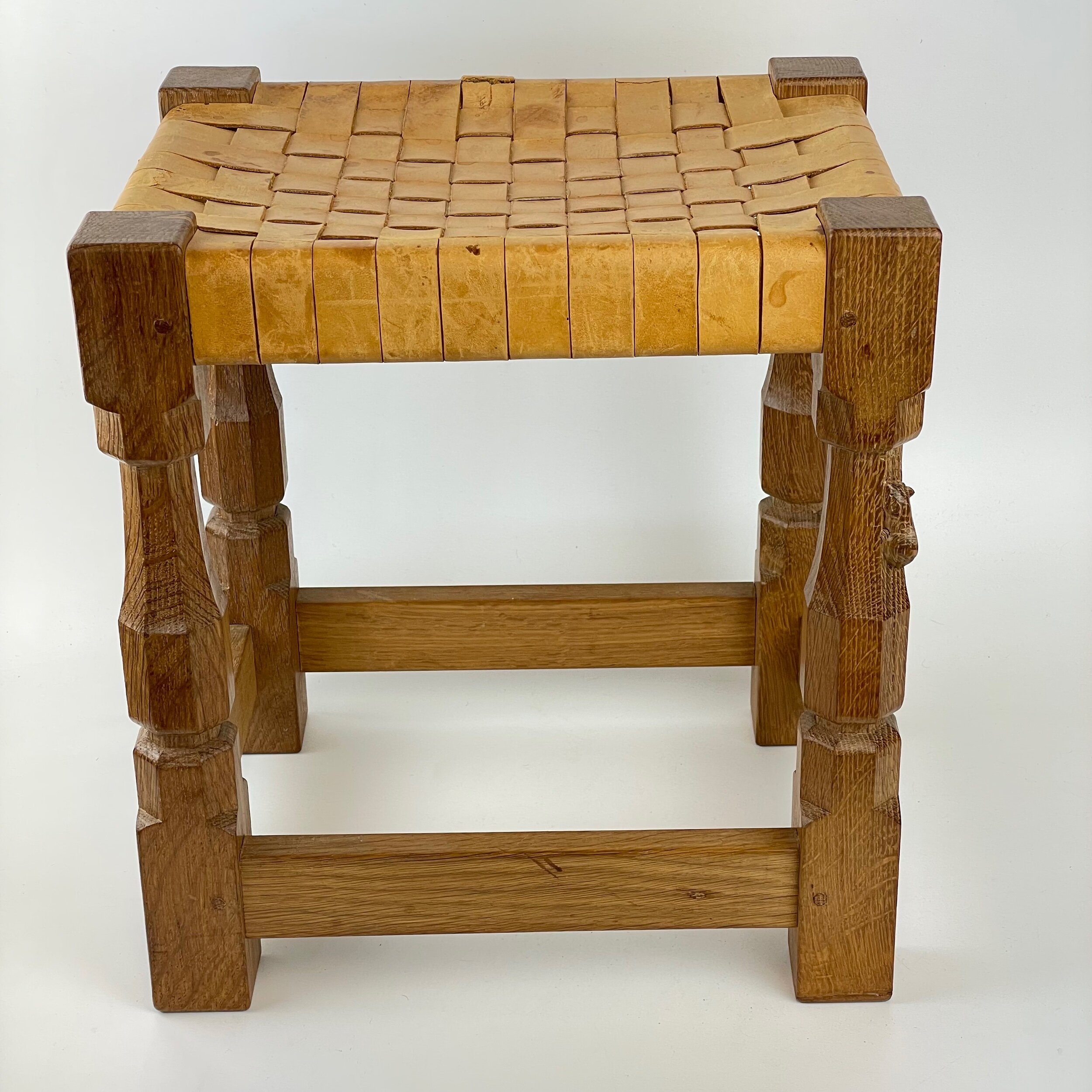 Robert Mouseman Thompson Solid Oak Stool Tan Leather Laticed Seat