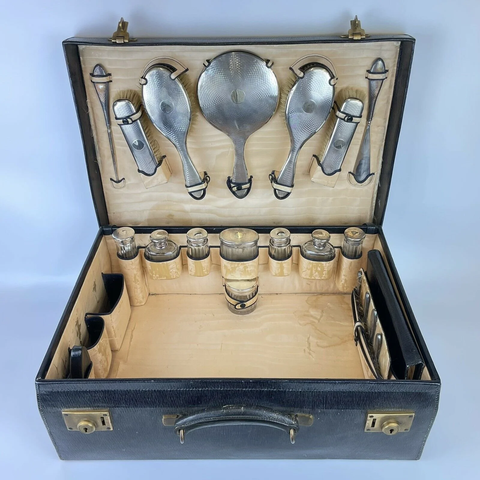 Antique Cases Sterling Silver Mounted Dressing Set Jars Mirror Etc Leins & Sons