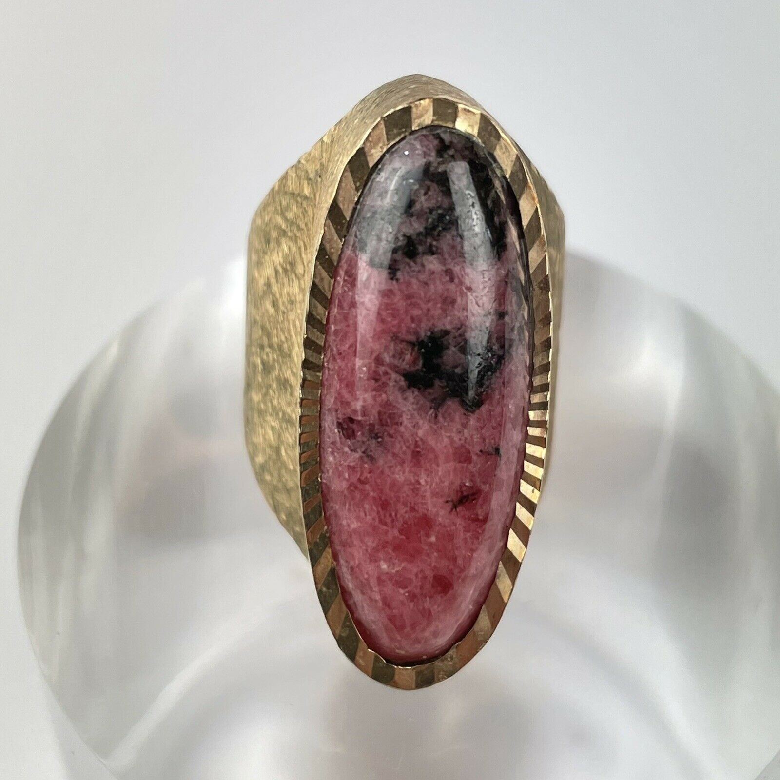 Vintage 9ct Yellow Gold Chunky Rhodonite Textured Cocktail Ring 1972 Size N 1/2