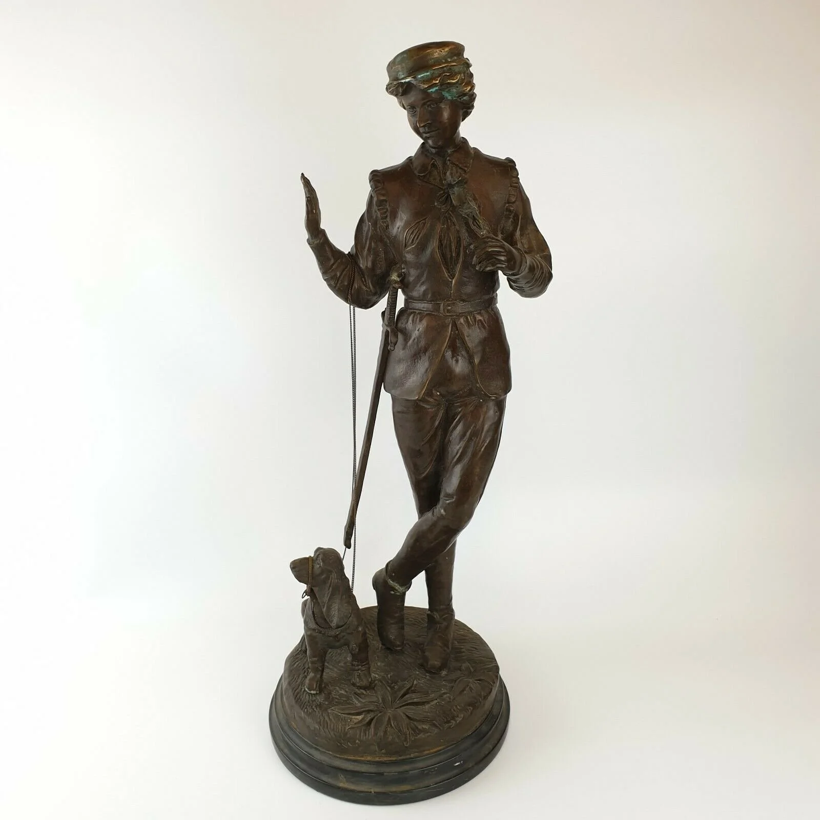 Antique Early 20th Century Bronze Figure Of Man With Hi3 Dog Holding A Rose 59cm