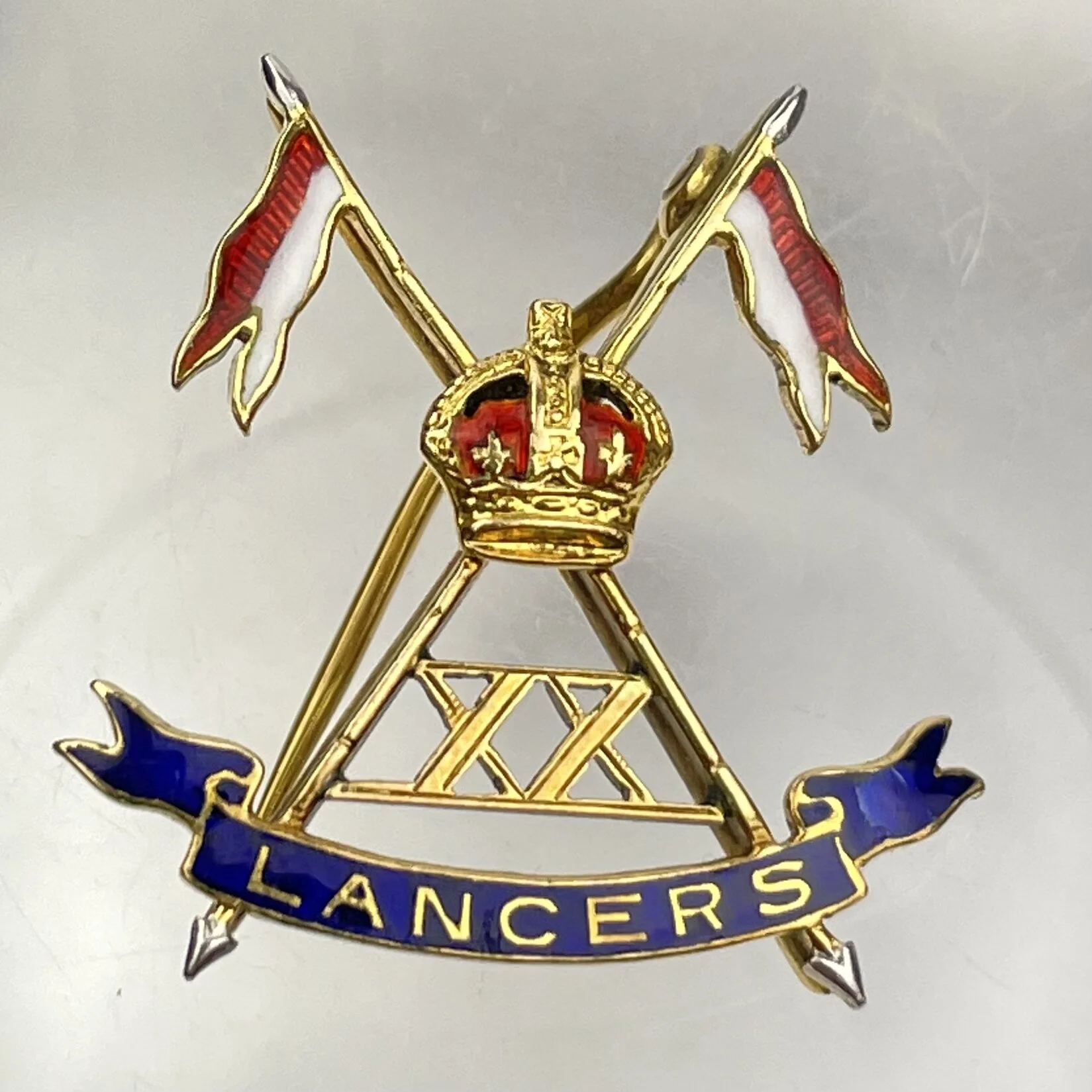 Antique 18ct Yellow Gold & Enamel 20th Lancers Military Regiment Pin / Brooch