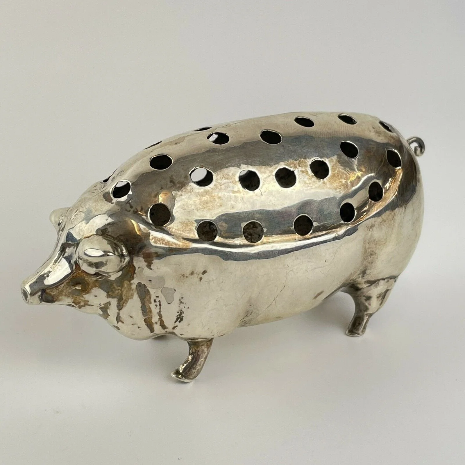 Antique Edwardian Solid Silver Pig Form Cocktail Stick Toothpick Holder 1906 Big