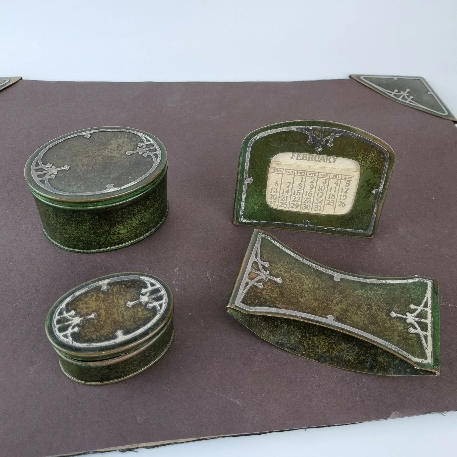 Vintage Heintz Art Metal Shop HAMS Silver On Bronze Desk Set Inkwell, Calendar