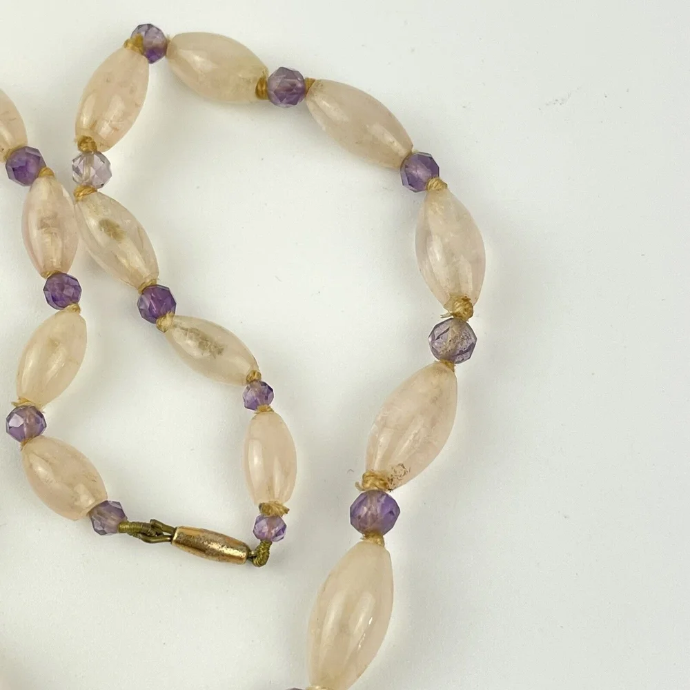 Unusual Antique Rose Quartz And Amethyst Bead Necklace Yellow