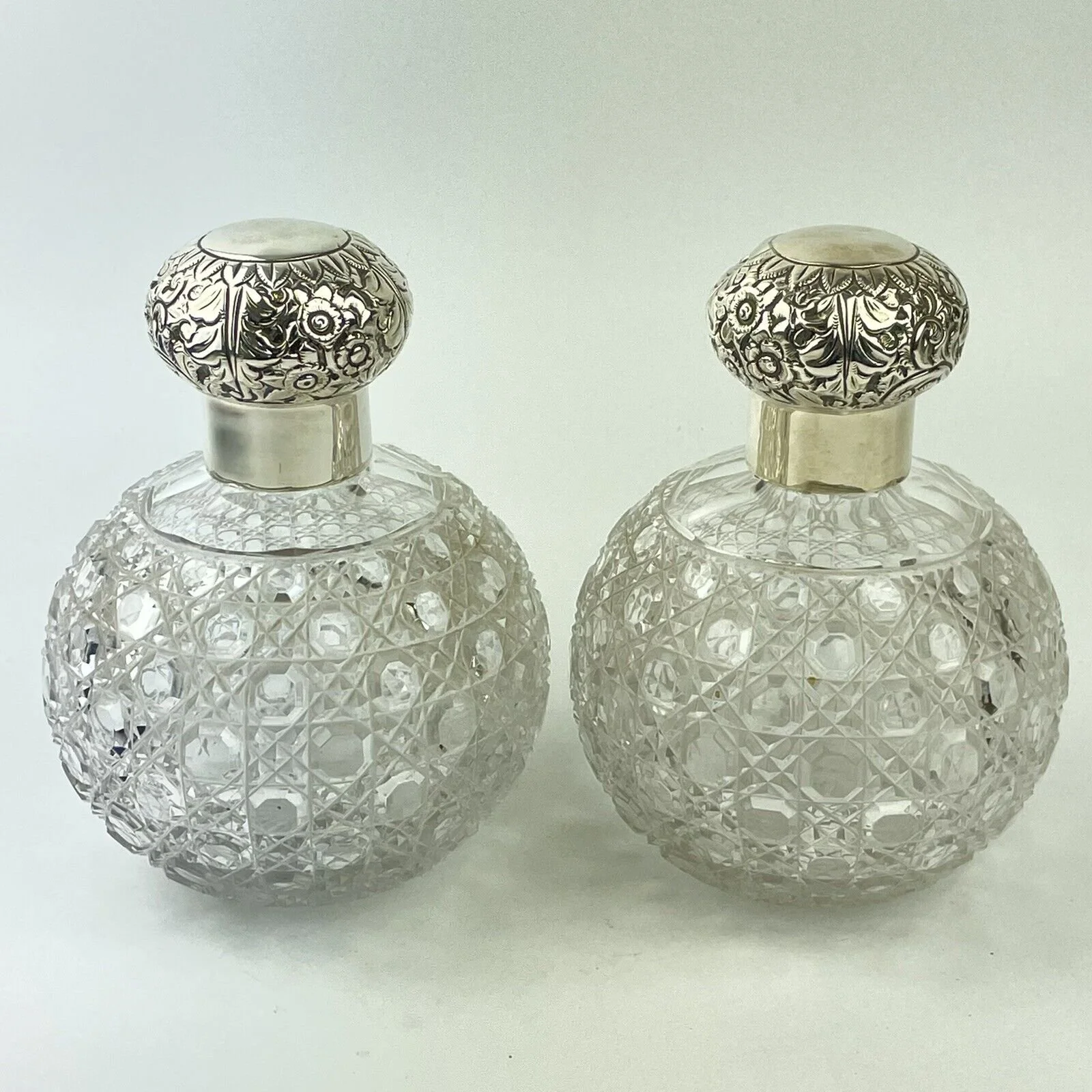 Pair Of Large Antique Solid Silver Hobnail Cut Glass Scent Bottles Haseler 1901