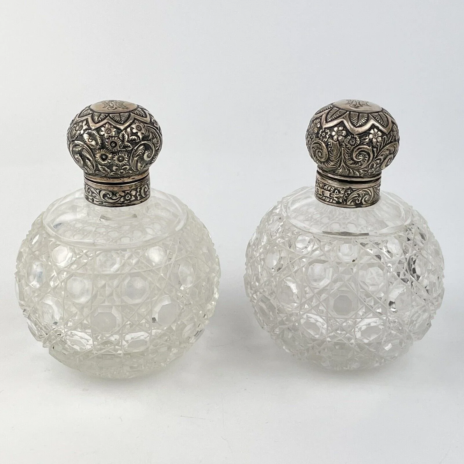 Pair Antique Solid Silver Mounted Hobnail Cut Glass Scent Bottles Colen Cheshire