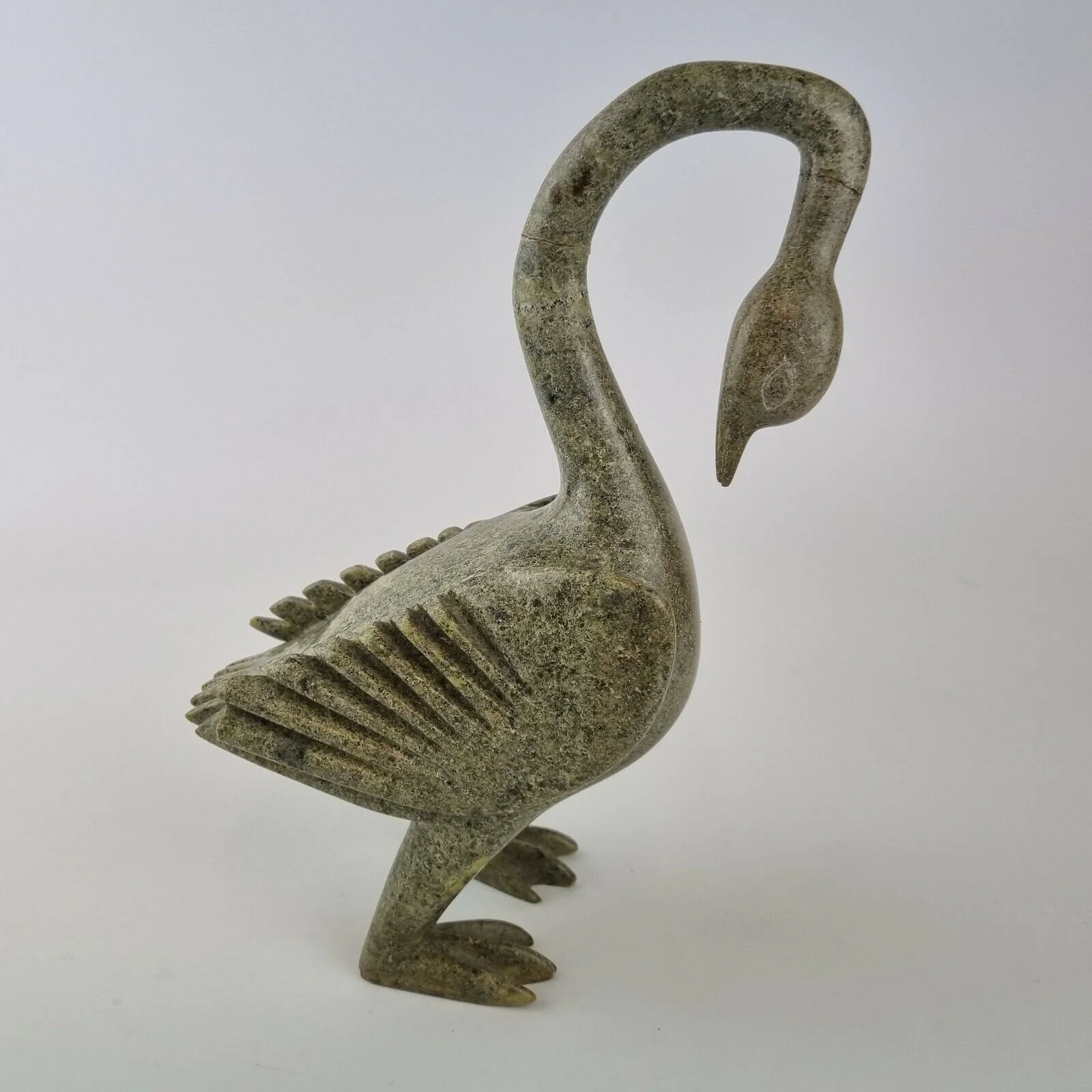 Vintage Canadian Eskimo Inuit Green Stone Carving Long Necked Bird 24cm High