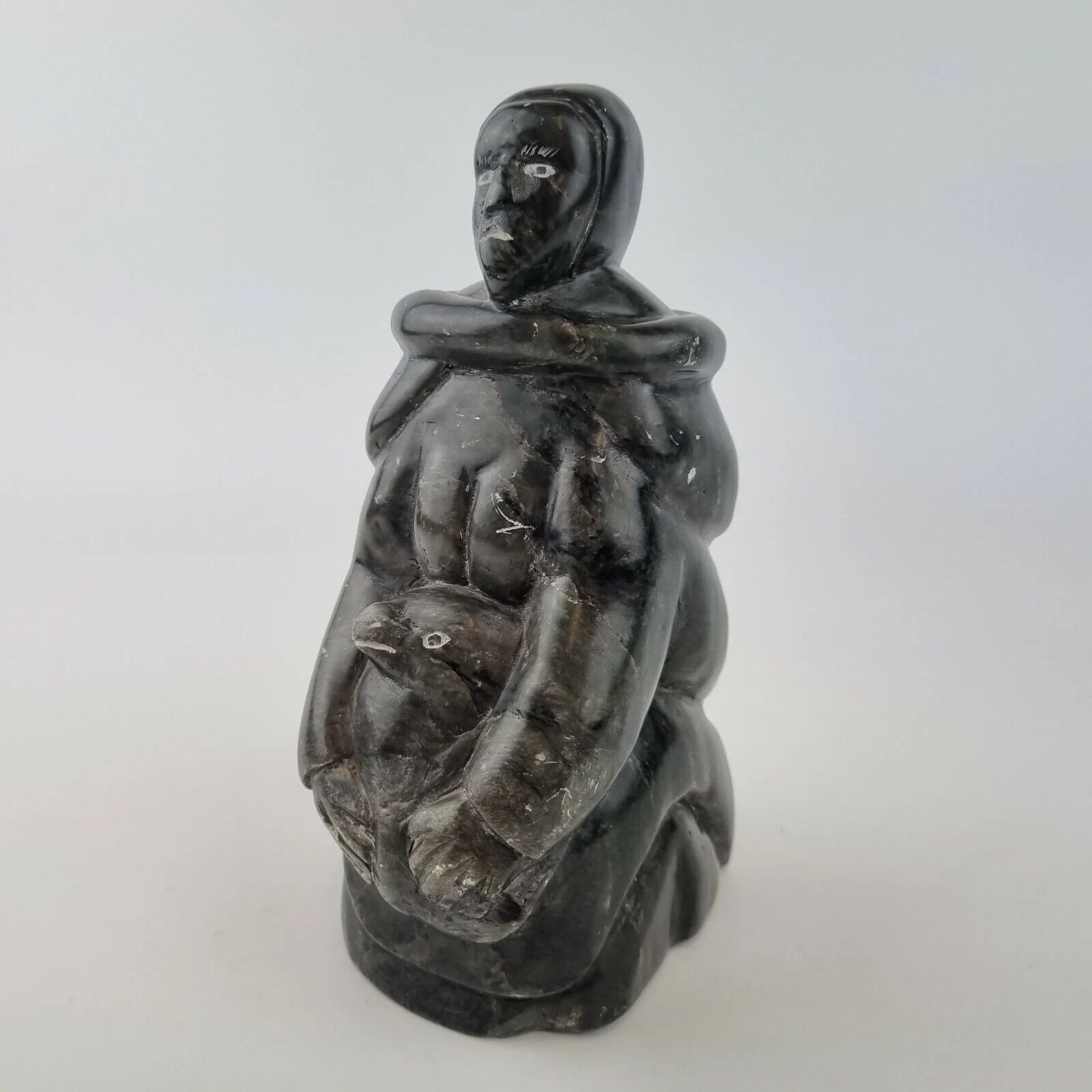 Vintage Canadian Eskimo Inuit Stone Carving Hunter With Seal Signed "IVU"