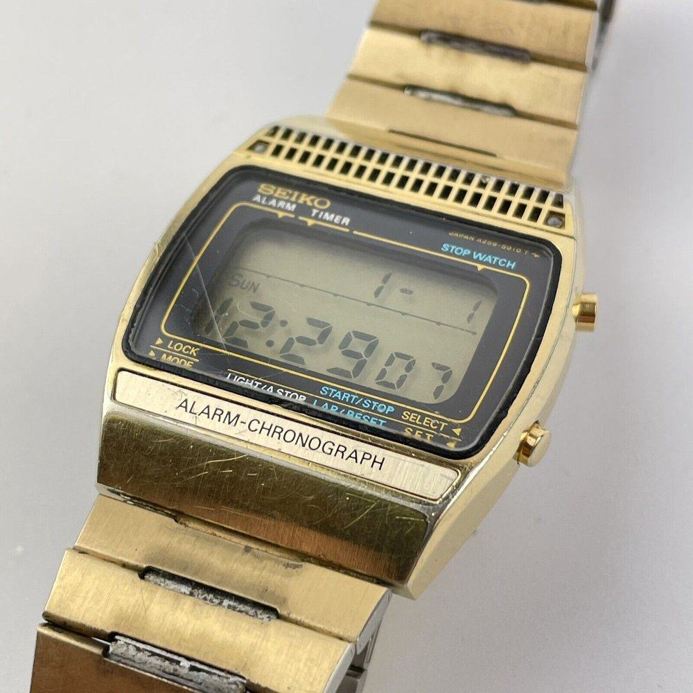 Vintage 1970s Seiko LCD A259-5010 T Chronograph James Bond Watch Gold Plated — Wheeler Antiques Vintage 1970s Seiko LCD A259-5010 T Chronograph James Bond Watch Gold Plated — Wheeler Antiques