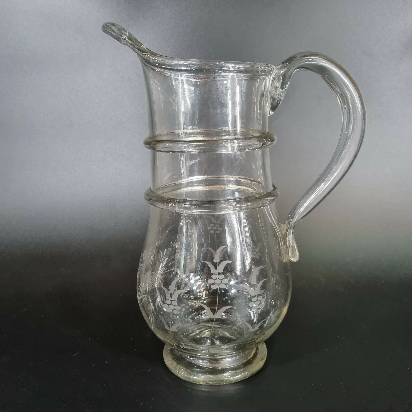 Large Antique 19th Century Glass Jug Engraved Flowers And 2 Rings 29.5cm High