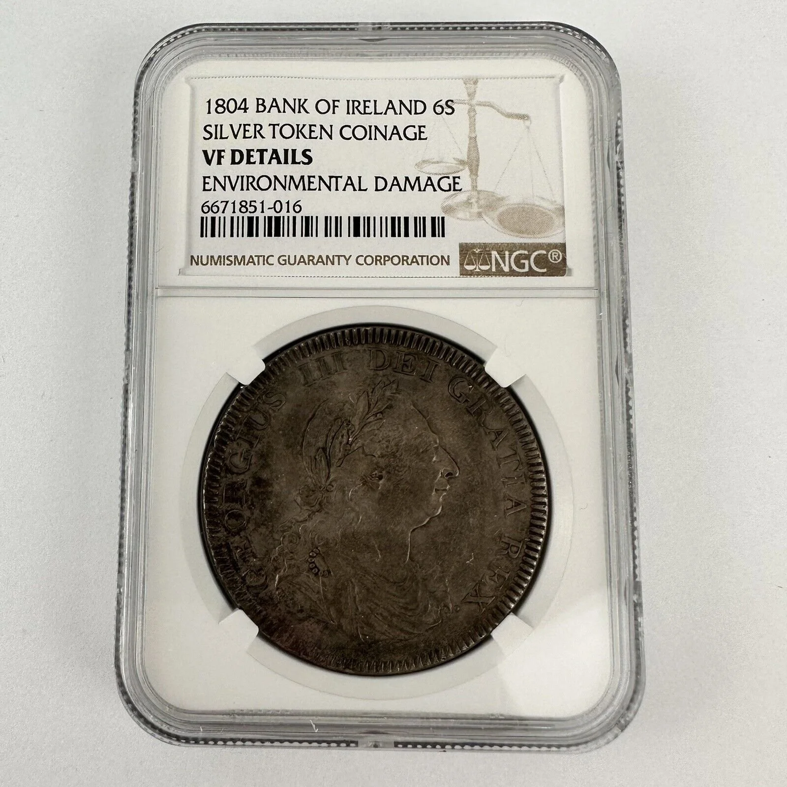 1804 Bank Of Ireland 6S 6 Shillings Token VF Details Env Damage NGC Graded
