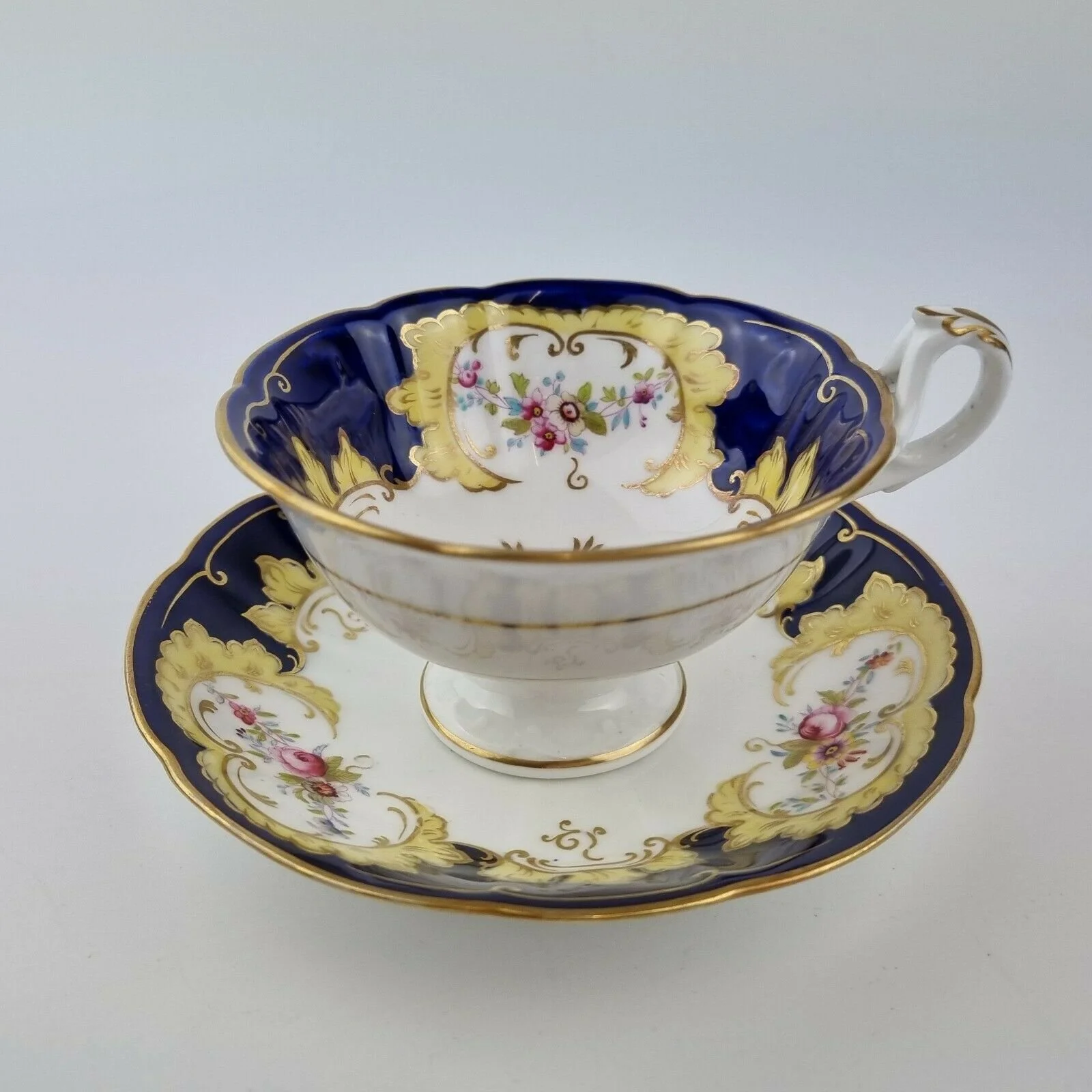 Antique 19th Century Cup And Saucer Decorated Flowers Cobalt Blue & Yellow #4