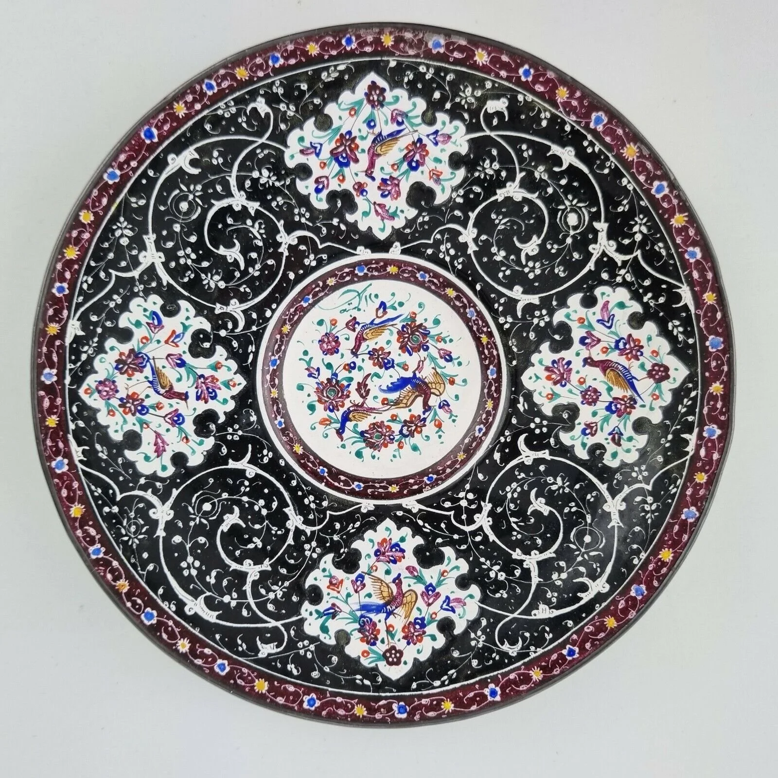 Vintage Middle Eastern Enamel Dish Finely Decorated With Exotic Birds 13cm