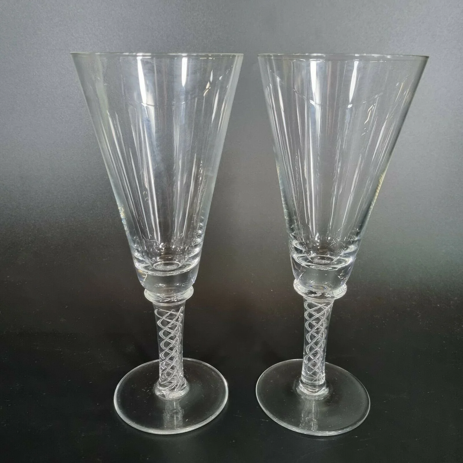 Vintage Pair 20th Century Air Twist Stem Wine Glasses 21.2cm High