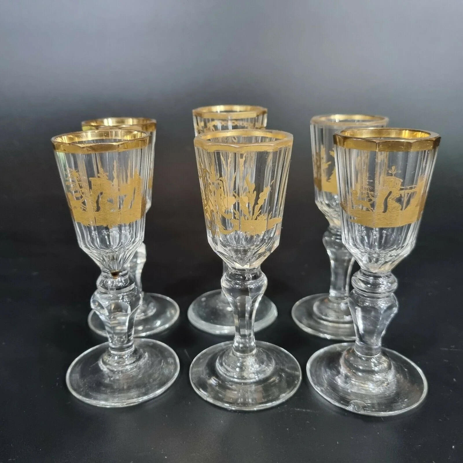 Antique Set Of 6 Liqueur Glasses With Gilt Decoration Moser Style
