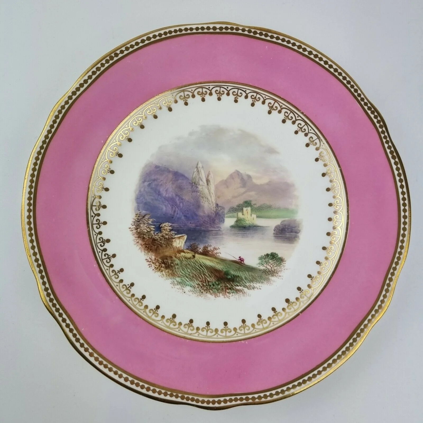 Antique 19th Century Dessert Plate Painted Landscape Pink Surround Copeland? #6