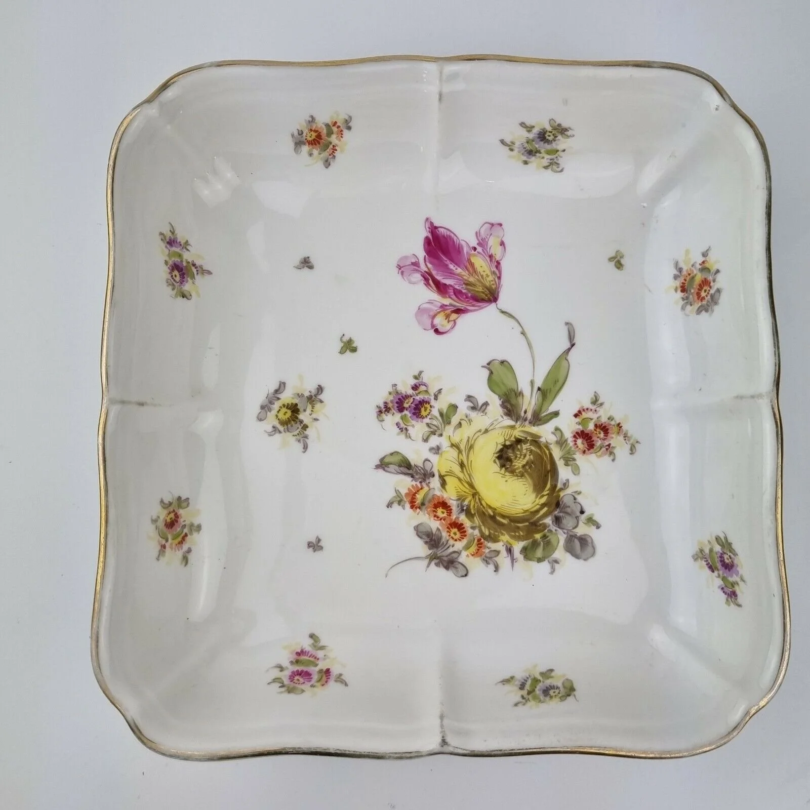 Antique Early 20th Century Carl Teichert Meissen Square Serving Dish Flowers