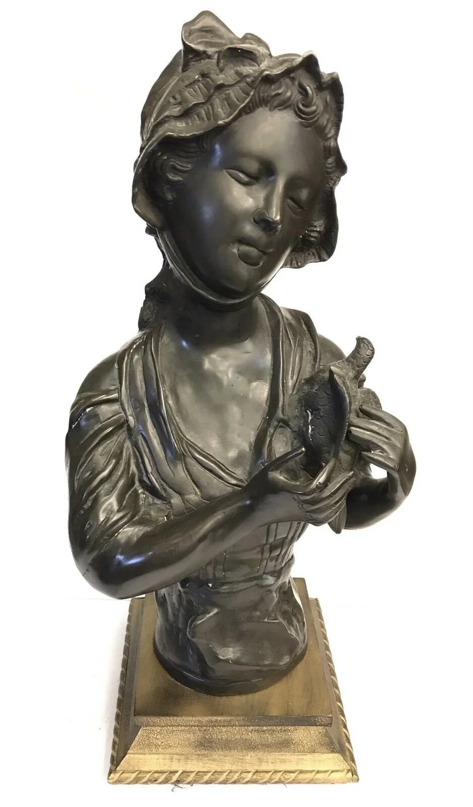 Large Vintage Art Nouveau Style Bronze Girl / Lady Holding Bird / Dove Bust 22"
