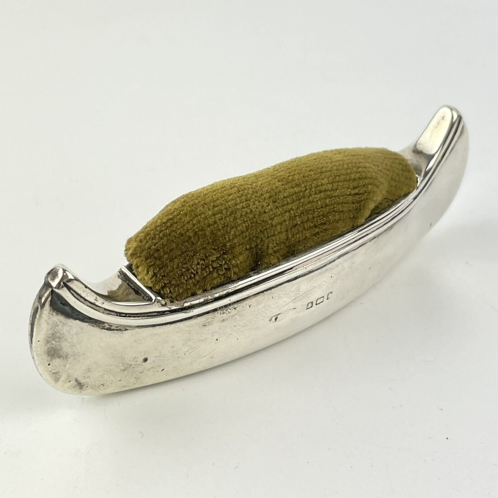 Antique Solid Silver Novelty Canoe Form Pin Cushion C1910 9.5cm