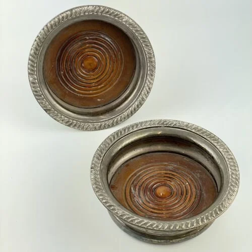 Pair Of Antique Silver Plated Bottle Coasters Kingsway Oak Base 15.3cm