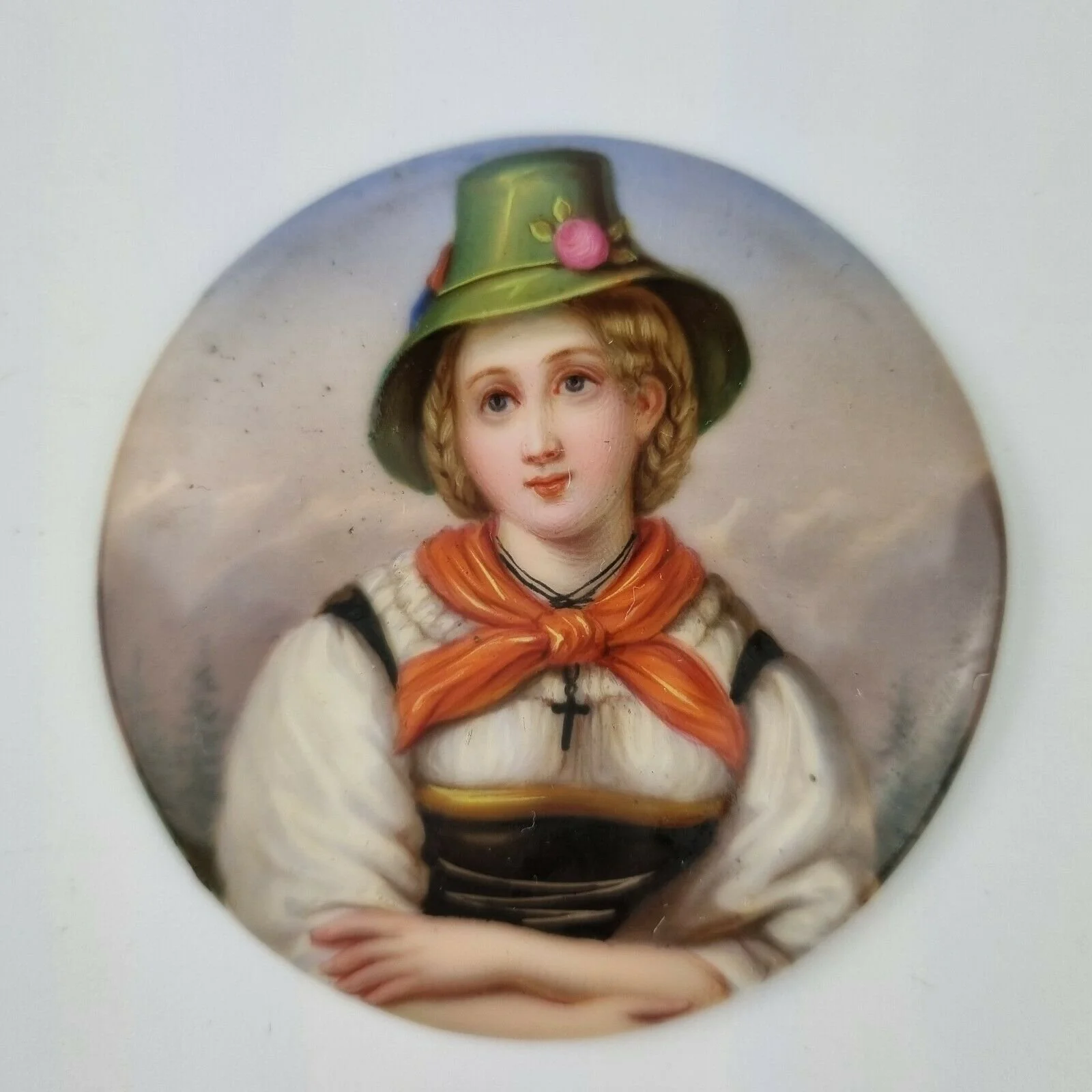 Antique Porcelain Plaque Painted With Portrait Miniature Of Young Girl 6.3cm