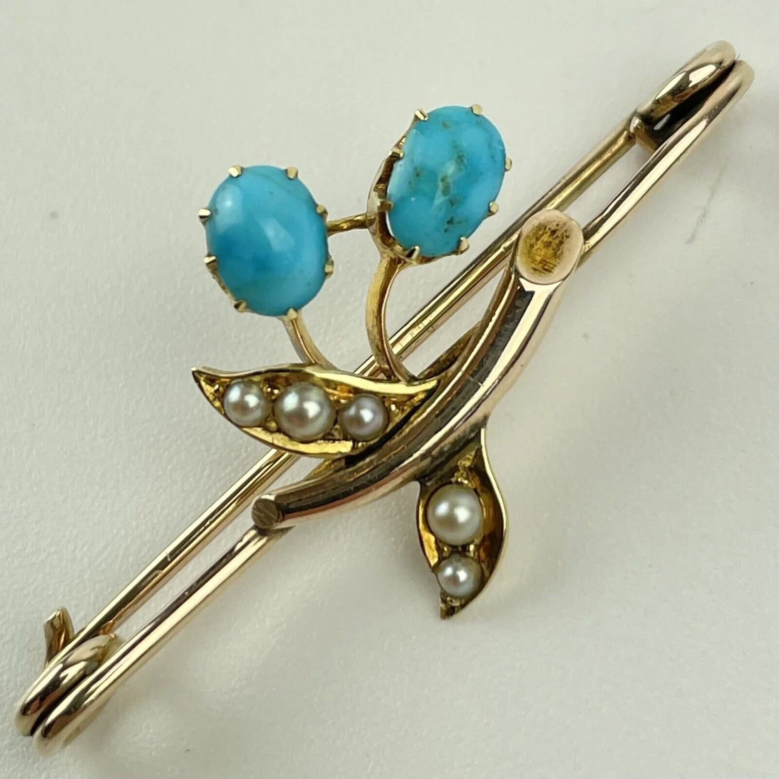 Antique 9ct Yellow Gold Tested Turquoise & Seed Pearl Set Flower Brooch 4cm