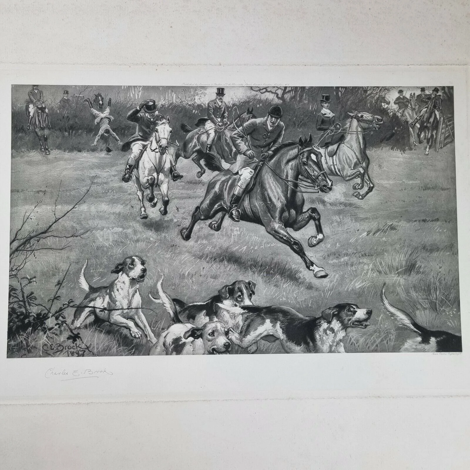 Charles Edmund Brock Antique Signed Print Hunting Scene lawrence & Bullen