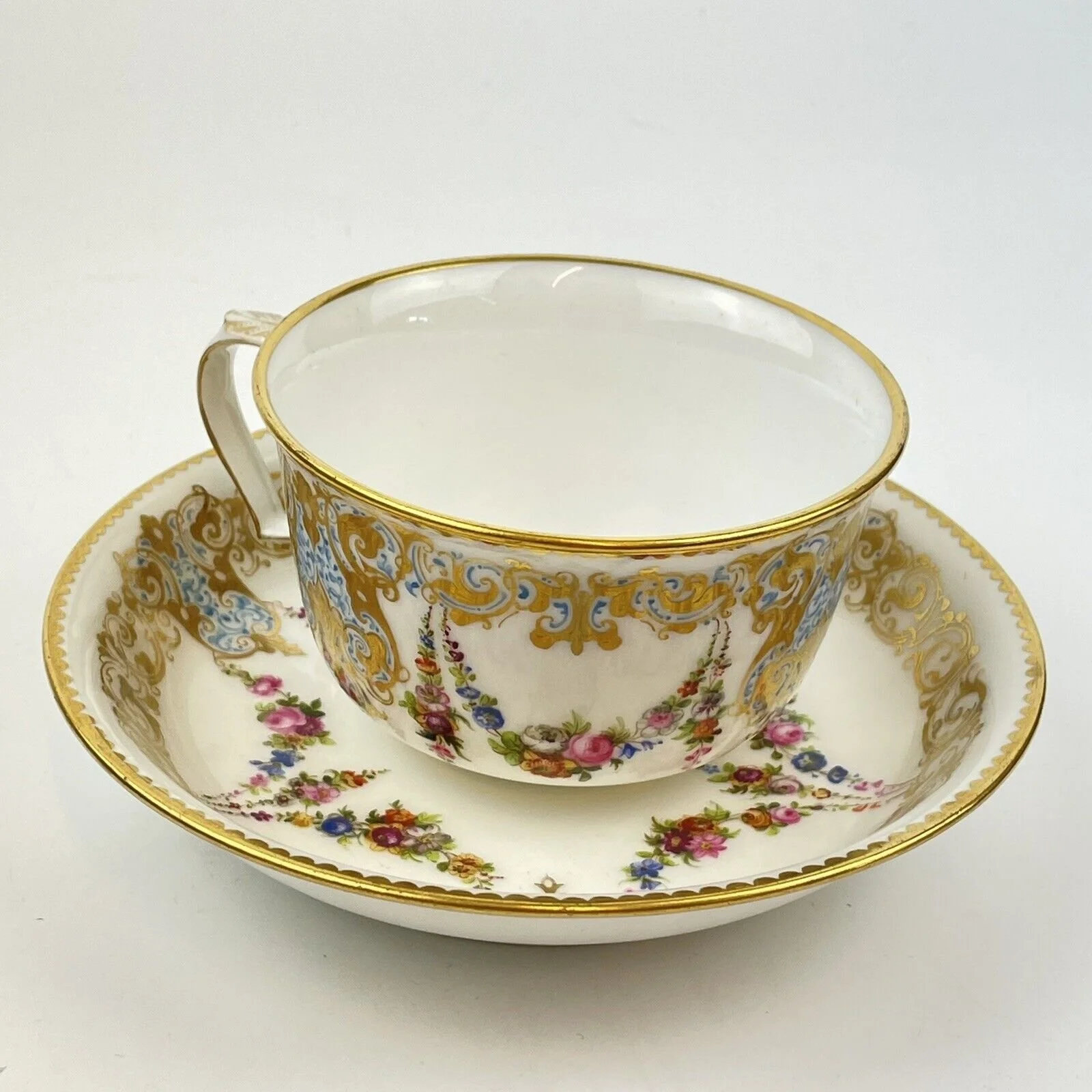 Antique Hand Painted Tea Cup & Saucer With Floral Sprays & Gilt