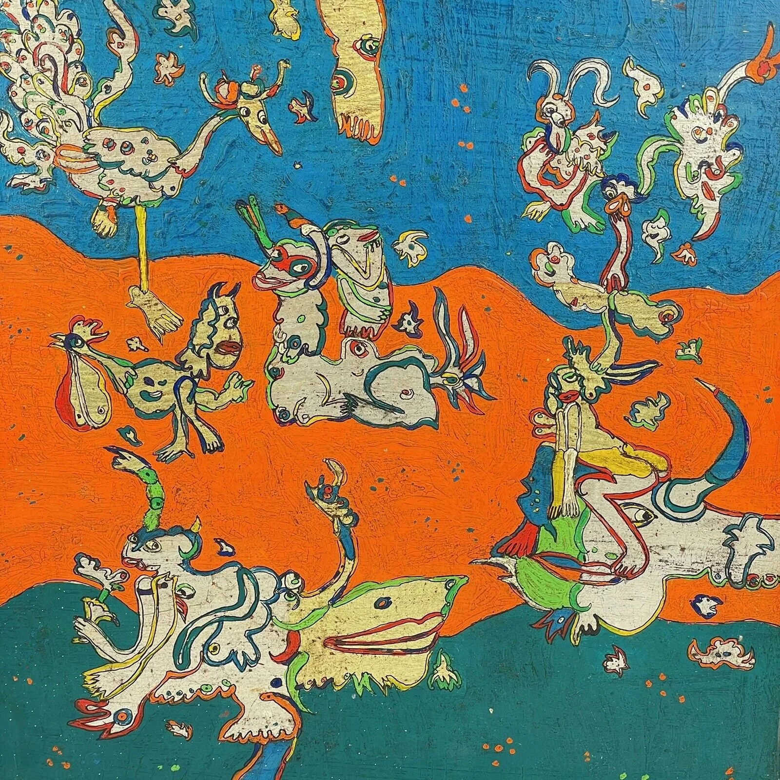 Vintage Mid Century Oil On Board Surrealism Various Creatures Fantasy 37cm